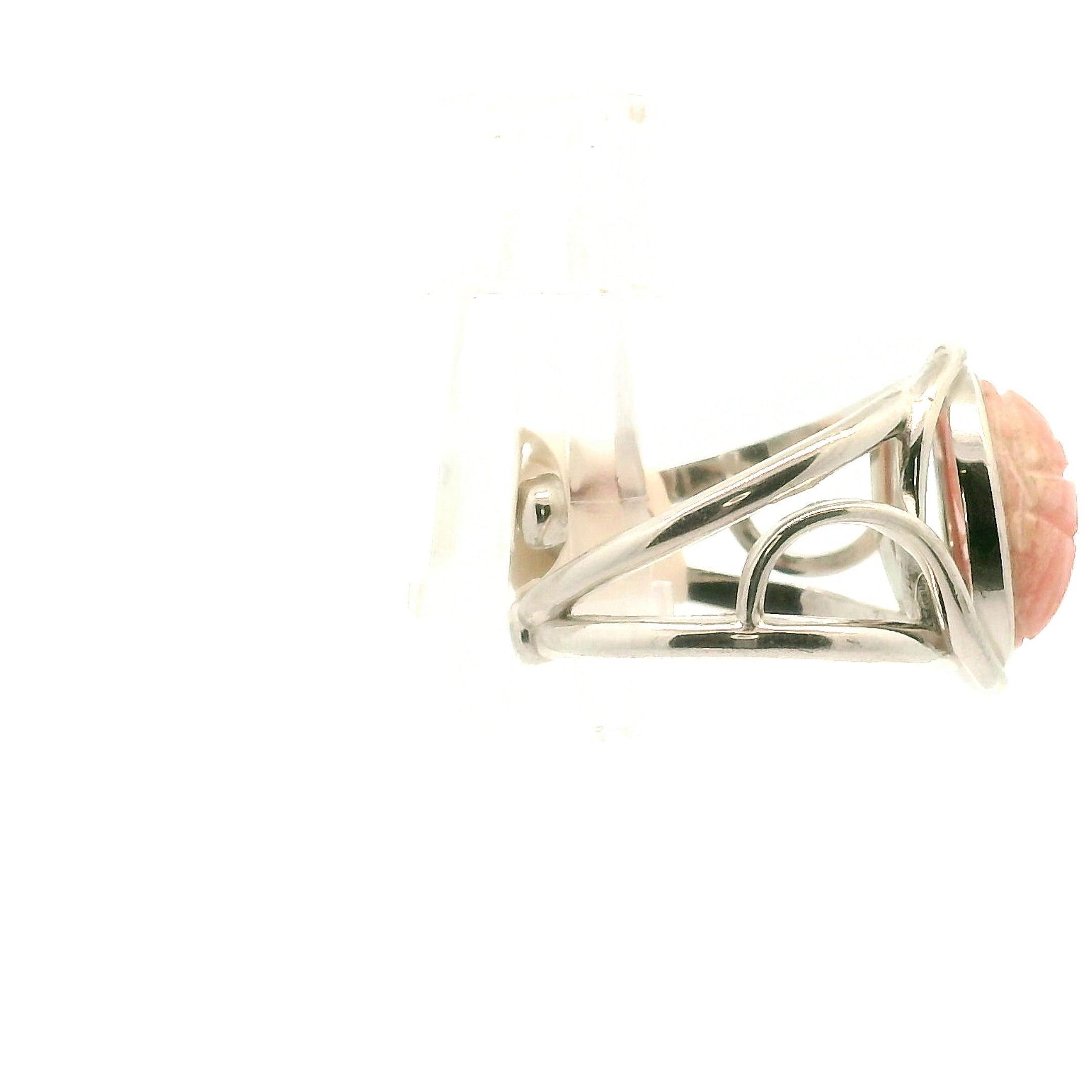 Rhodochrosite Scarab Cuff Ring .925 Silver for Emotional and Trauma Healing