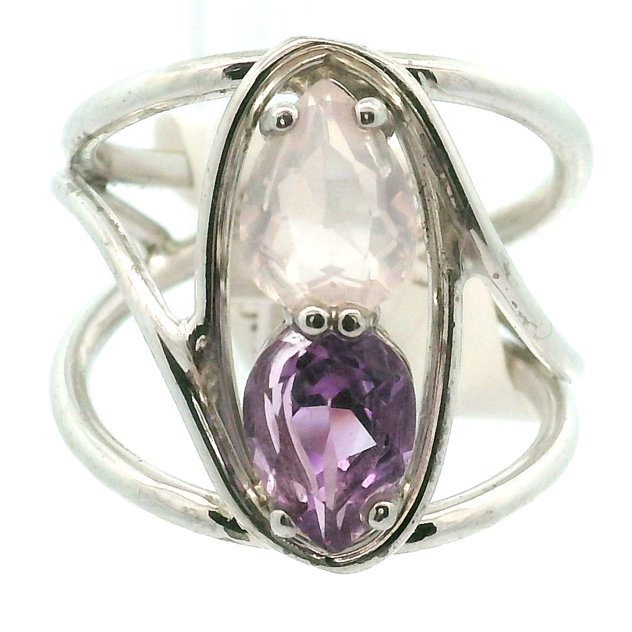 Rose Quartz and Amethyst Double Cuff Ring .925 Silver for Compassion and Self Love
