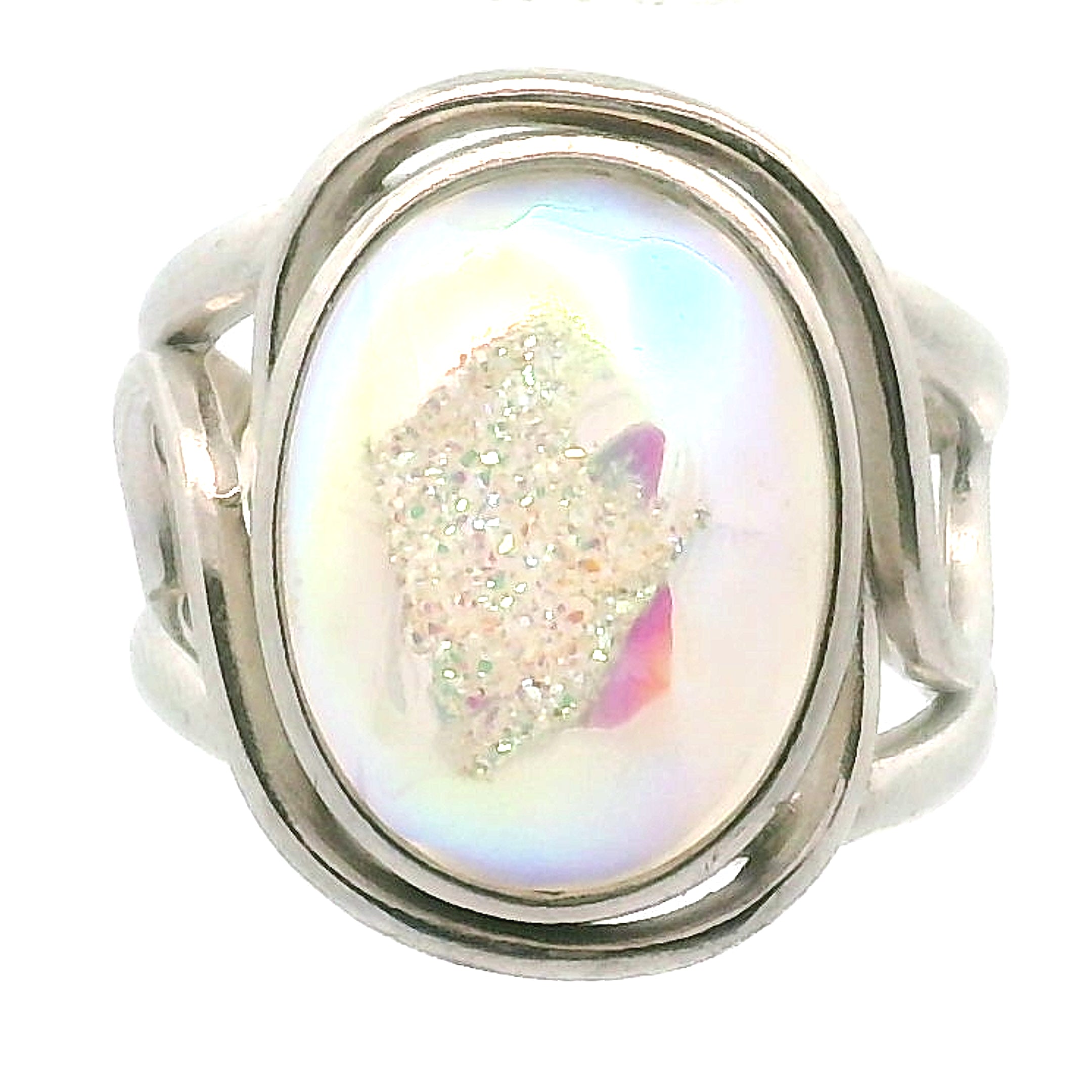 Angel Aura Druzy Quartz Cuff Ring .925 Silver for Connection with Angels and Spirit Guides
