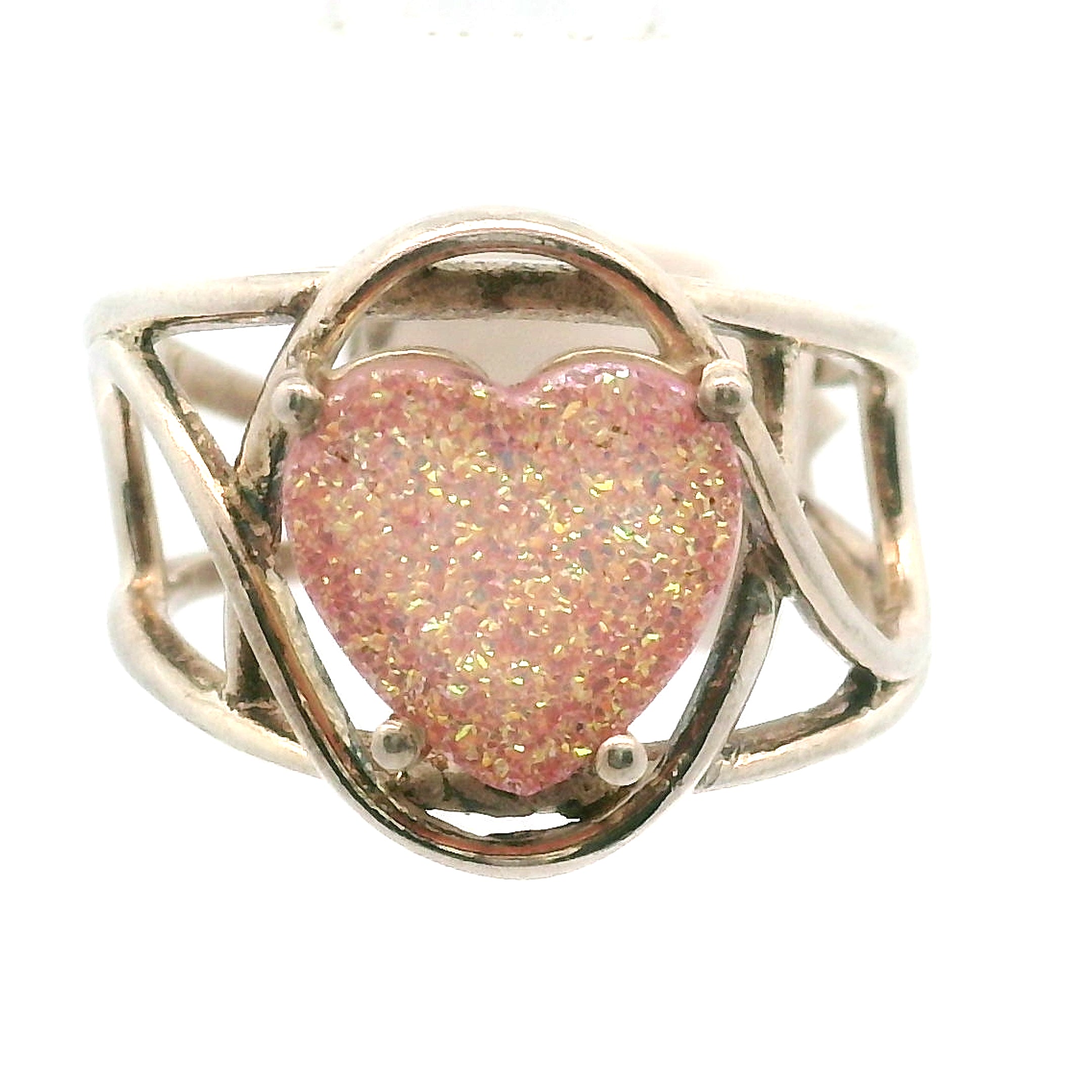 Pink Aura Druzy Quartz Heart Cuff Ring .925 Silver for Connection with Angels and Spirit Guides