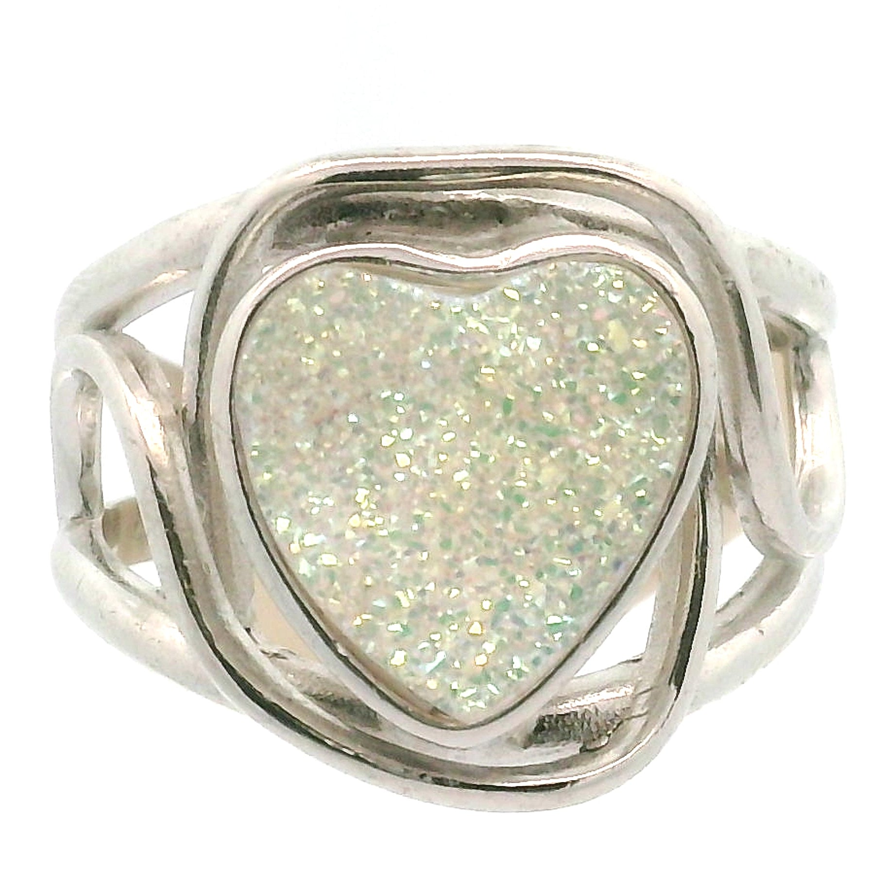 Angel Aura Druzy Quartz Heart Cuff Ring .925 Silver for Connection with Angels and Spirit Guides