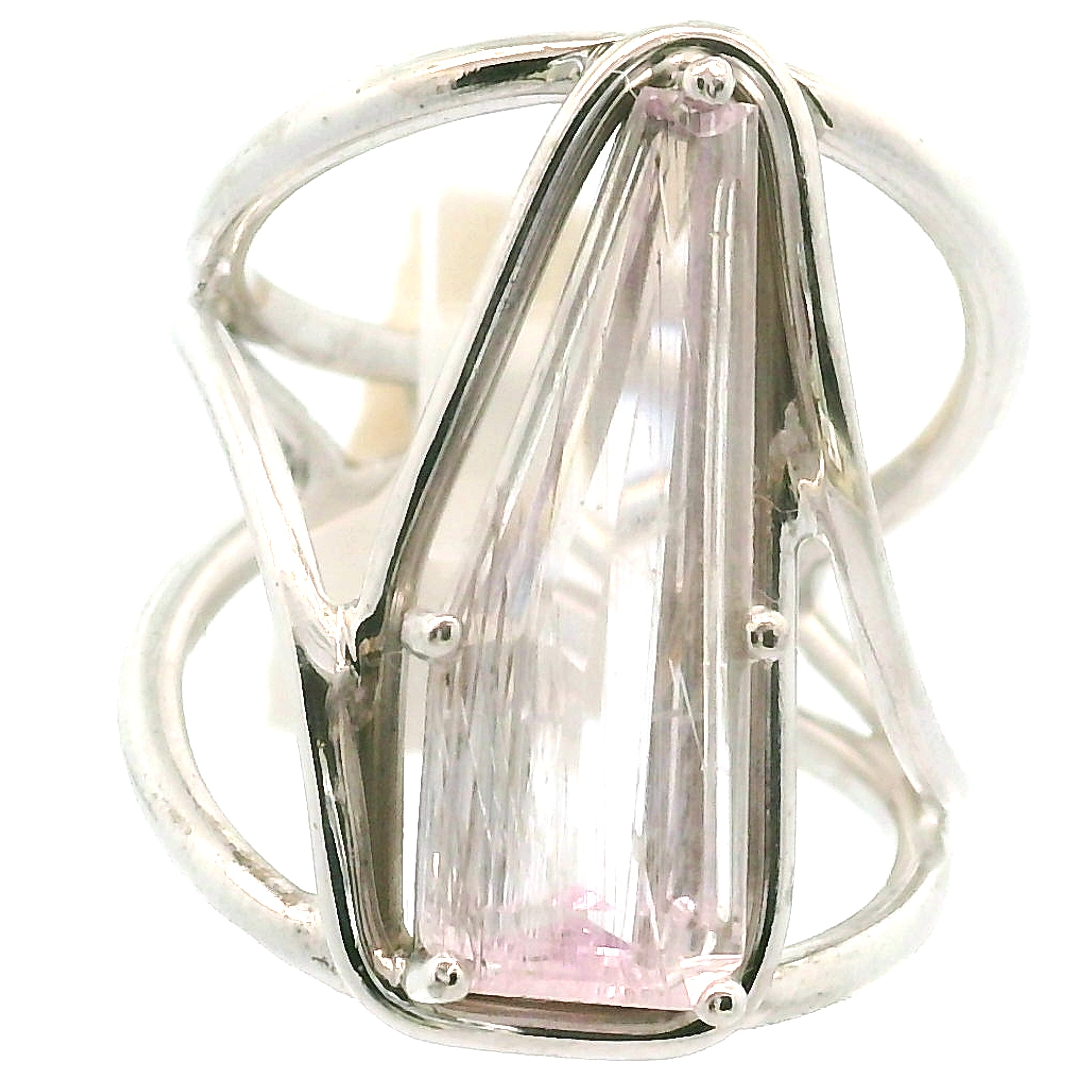 Kunzite with Silver Rutile Cuff Ring .925 Silver (High Quality) for Emotional Healing, Joy and Love