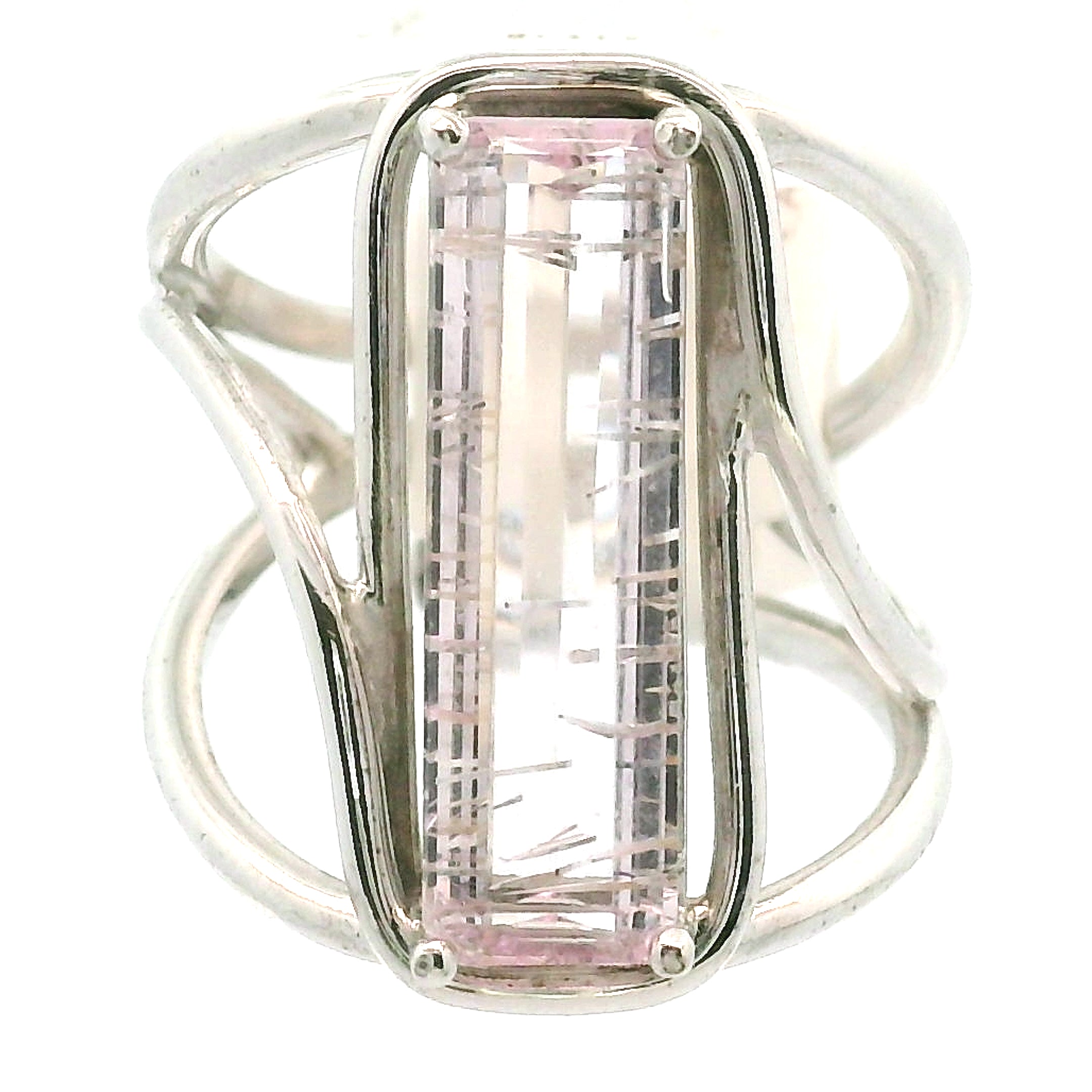 Kunzite with Silver Rutile Cuff Ring .925 Silver (High Quality) for Emotional Healing, Joy and Love