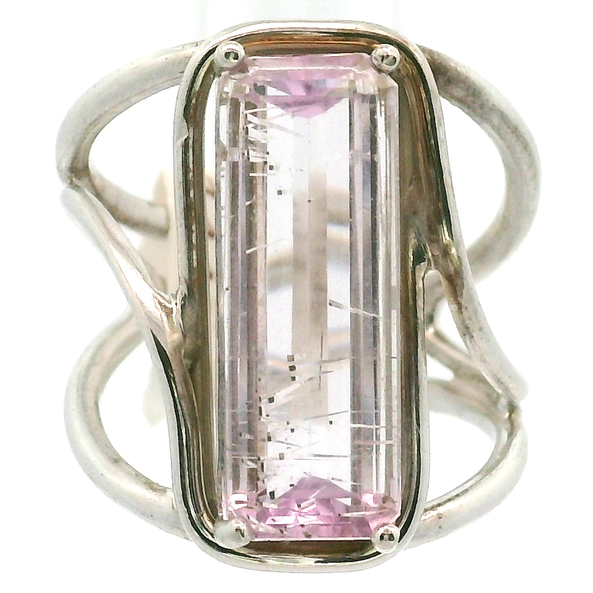 Kunzite with Silver Rutile Cuff Ring .925 Silver (High Quality) for Emotional Healing, Joy and Love