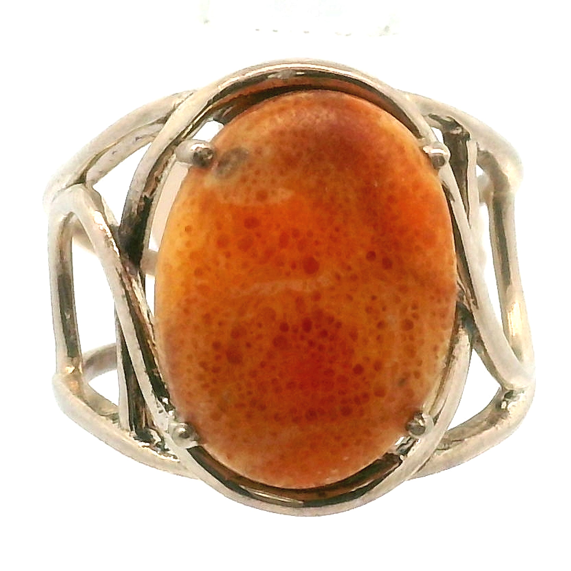 Sponge Coral Cuff Ring .925 Silver for Healing Trauma, Stability and Wisdom