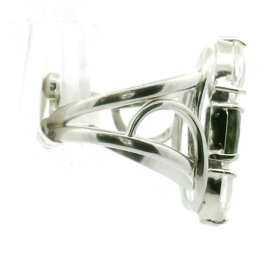 Moldavite, Danburite & Phenakite .925 Silver Adjustable Wand Cuff Ring for Spiritual Evolution and Deep Transformation