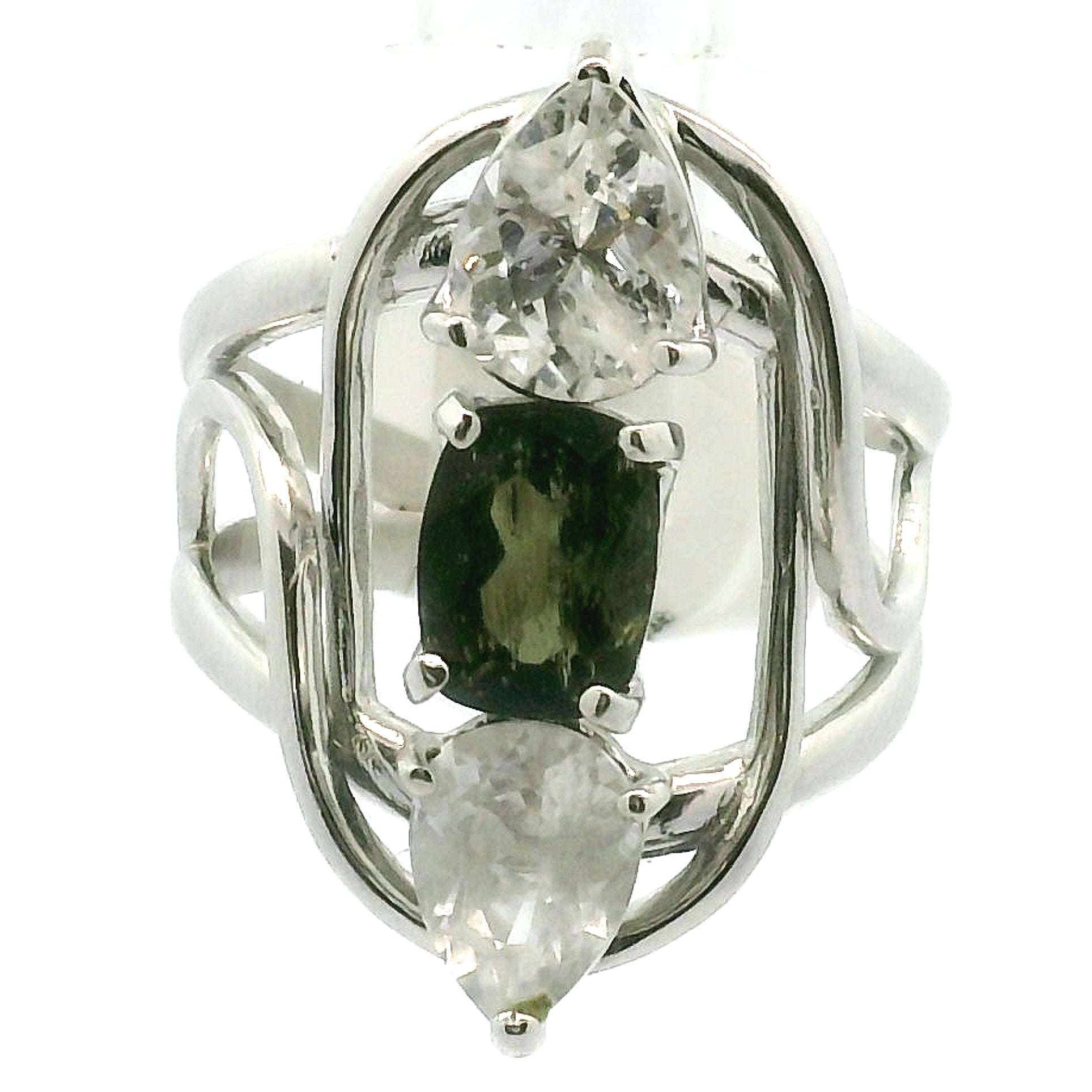 Moldavite, Danburite & Phenakite .925 Silver Adjustable Wand Cuff Ring for Spiritual Evolution and Deep Transformation