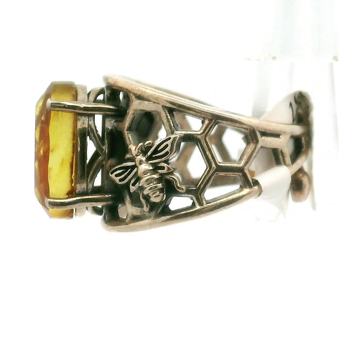 Amber Bee Cuff Ring .925 Silver for Insight and Detoxification