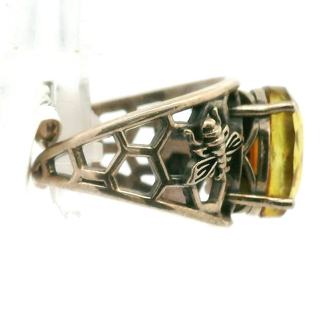 Amber Bee Cuff Ring .925 Silver for Insight and Detoxification