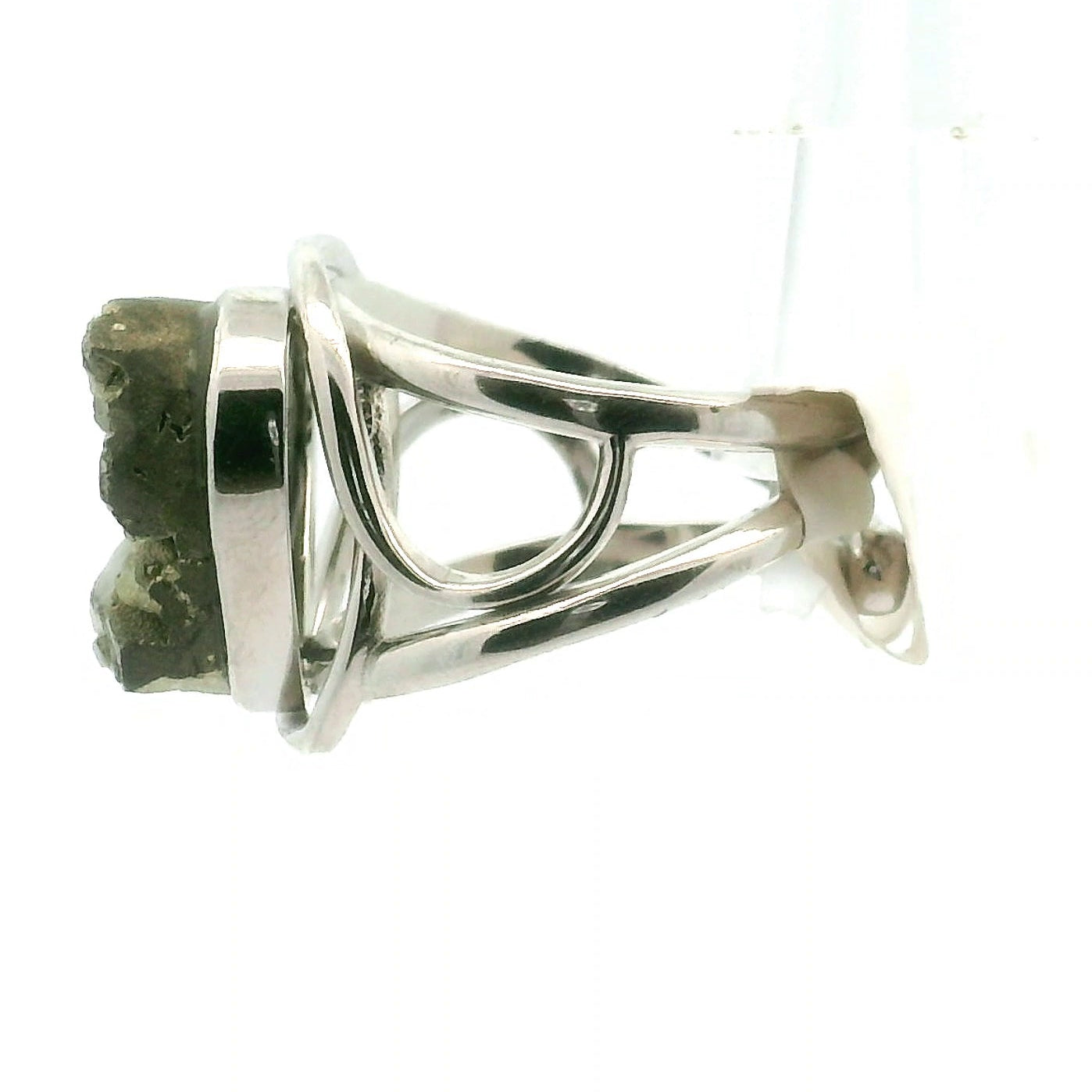Pyrite Druzy Heart Cuff Ring .925 Silver for Good Luck and Prosperity