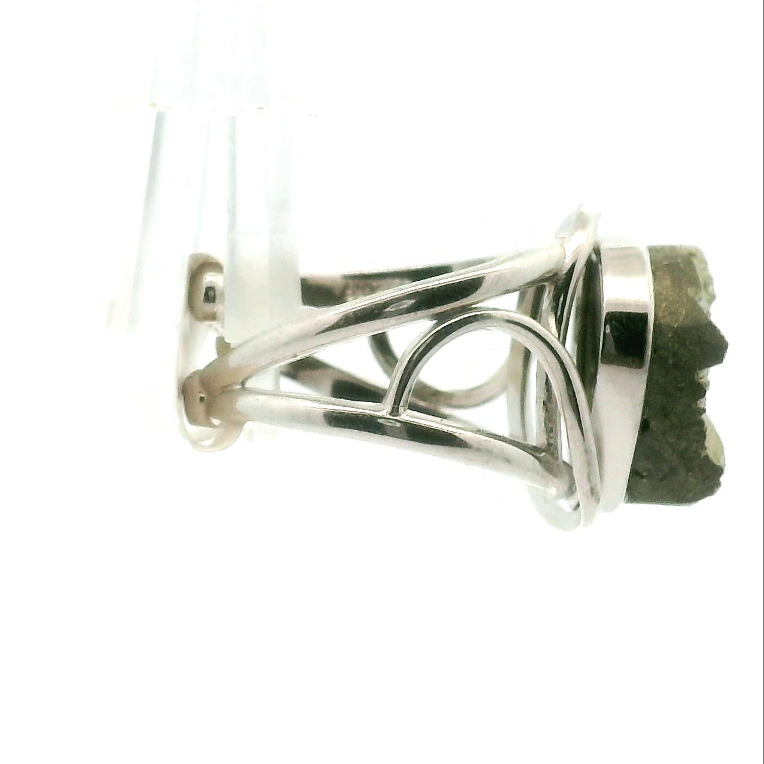 Pyrite Druzy Heart Cuff Ring .925 Silver for Good Luck and Prosperity