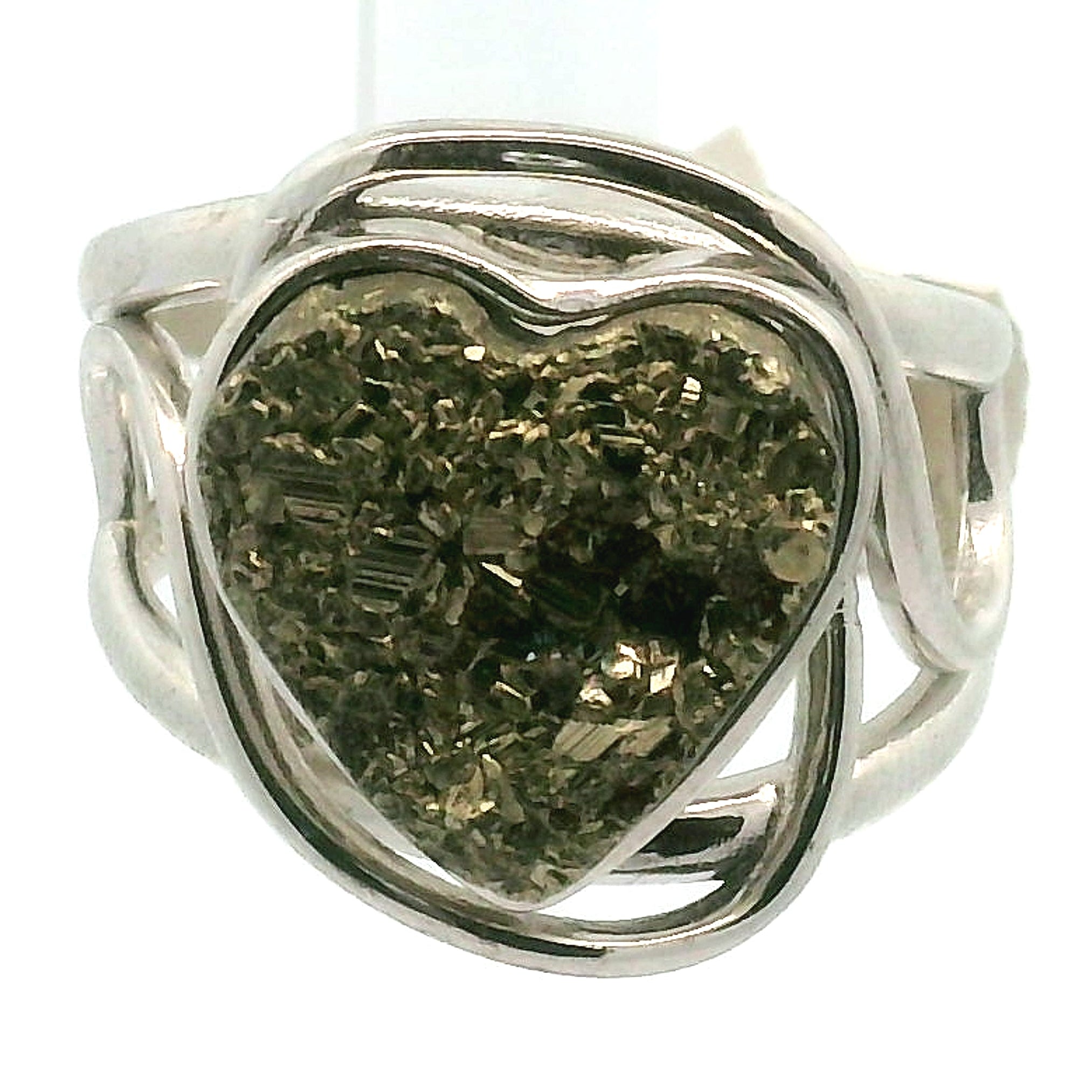 Pyrite Druzy Heart Cuff Ring .925 Silver for Good Luck and Prosperity