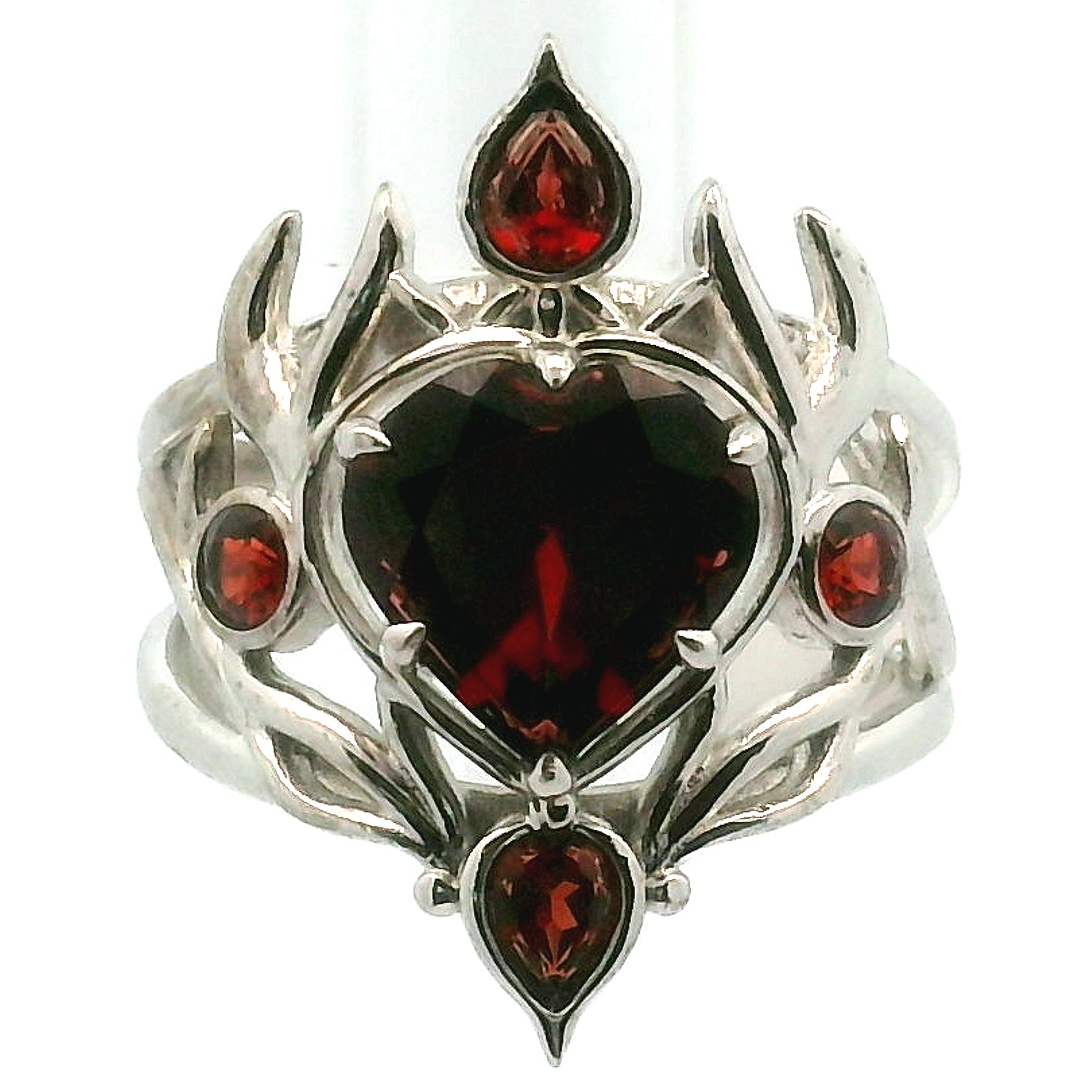 Preorder Garnet Sacred Flame Heart Cuff Ring .925 Silver for Strength and Universal Connection