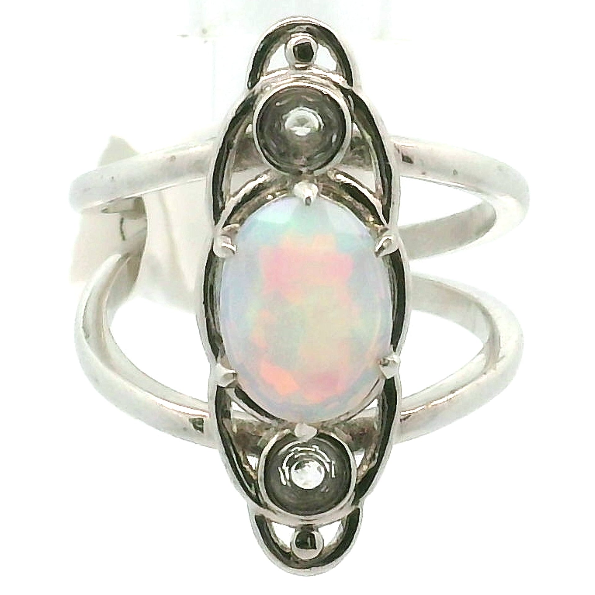 Opal & Moonstone Orbit Adjustable Cuff Ring .925 Silver for Transformation and Energy Protection