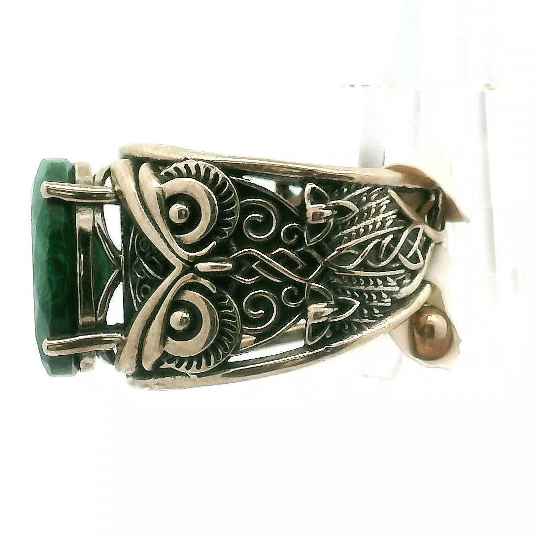 Malachite Owl Finger Cuff Ring .925 Silver for Love, Transformation and Wealth