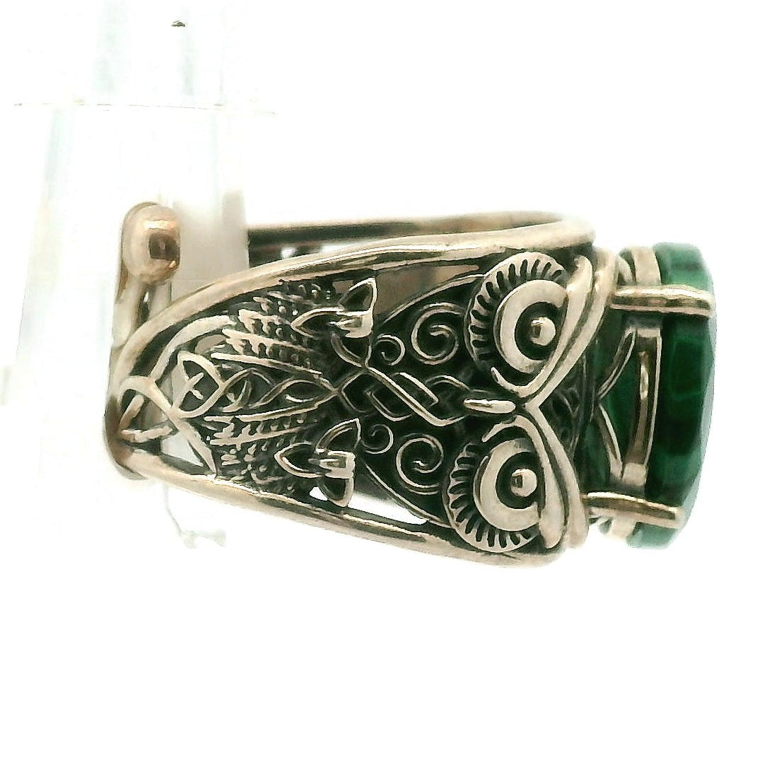 Malachite Owl Finger Cuff Ring .925 Silver for Love, Transformation and Wealth