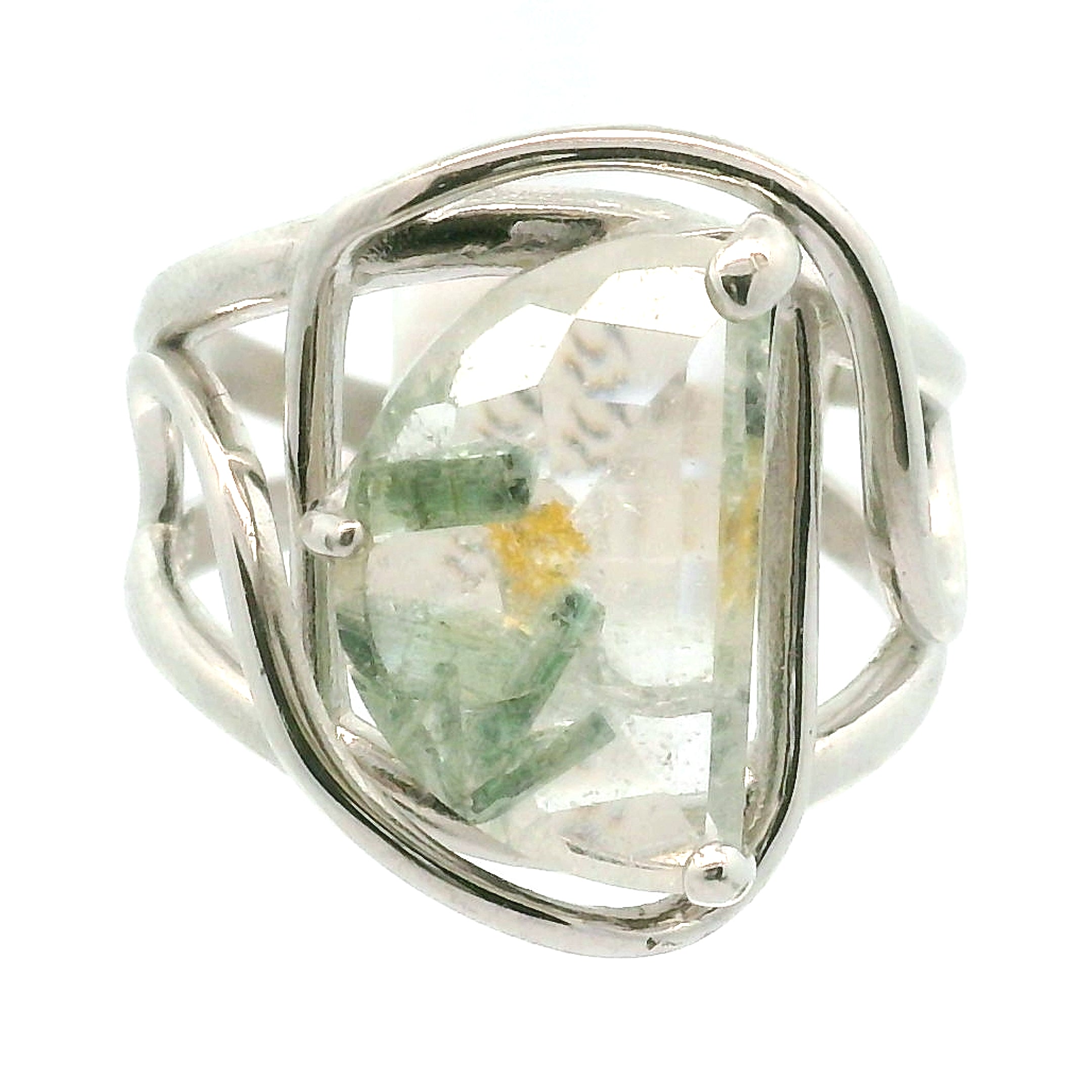 Tourmaline in Quartz Cuff Ring  Adjustable Ring .925 Sterling Silver for Emotional Healing, Kindness and Joy