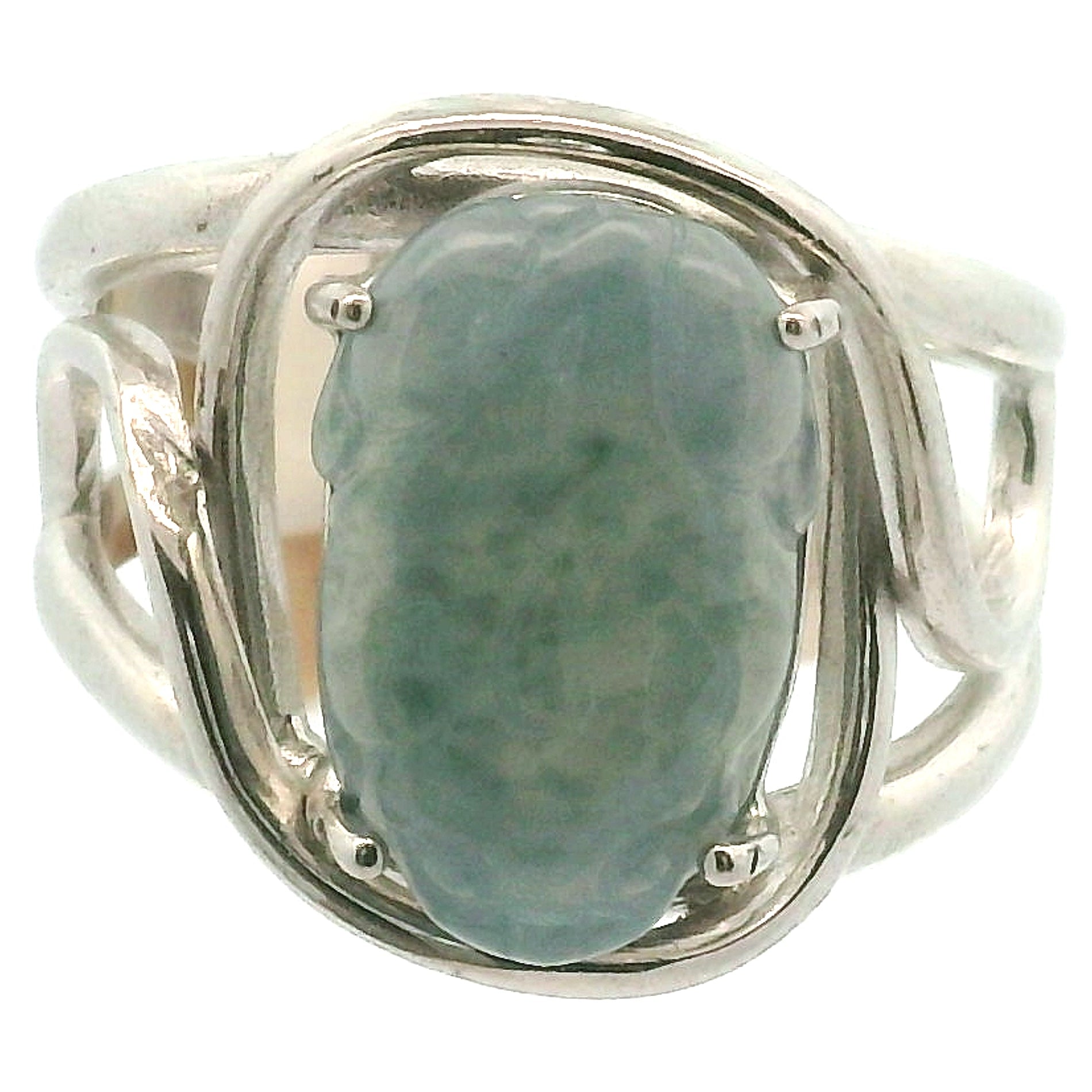 Blue Jadeite Pixiu Finger Cuff Adjustable Ring .925 Silver for Spiritual Awareness, Prosperity and Protection