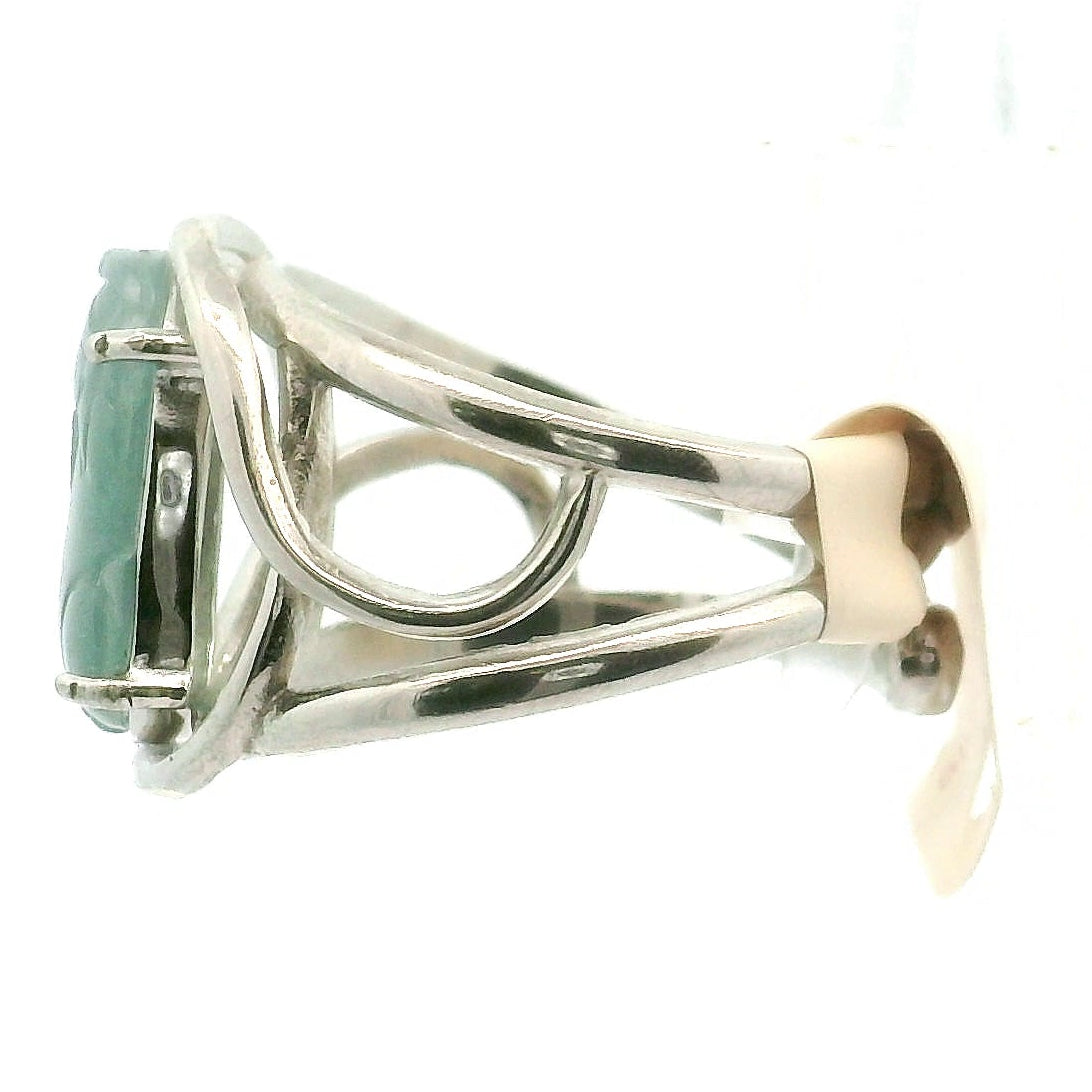 Blue Jadeite Pixiu Finger Cuff Adjustable Ring .925 Silver for Spiritual Awareness, Prosperity and Protection