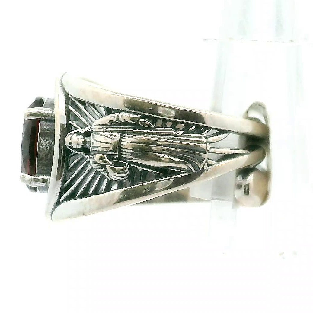 Garnet Jesus Cuff Ring .925 Silver for Success, Peace and Protection