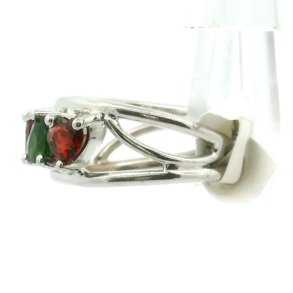 Chrome Diopside and Garnet Hearts Stacker Cuff Ring .925 Sterling Silver for Abundance, Growth, Healing and Manifestation