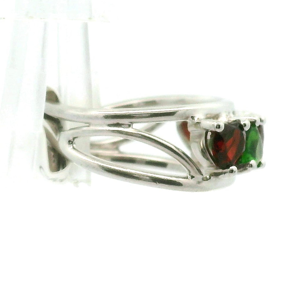 Chrome Diopside and Garnet Hearts Stacker Cuff Ring .925 Sterling Silver for Abundance, Growth, Healing and Manifestation