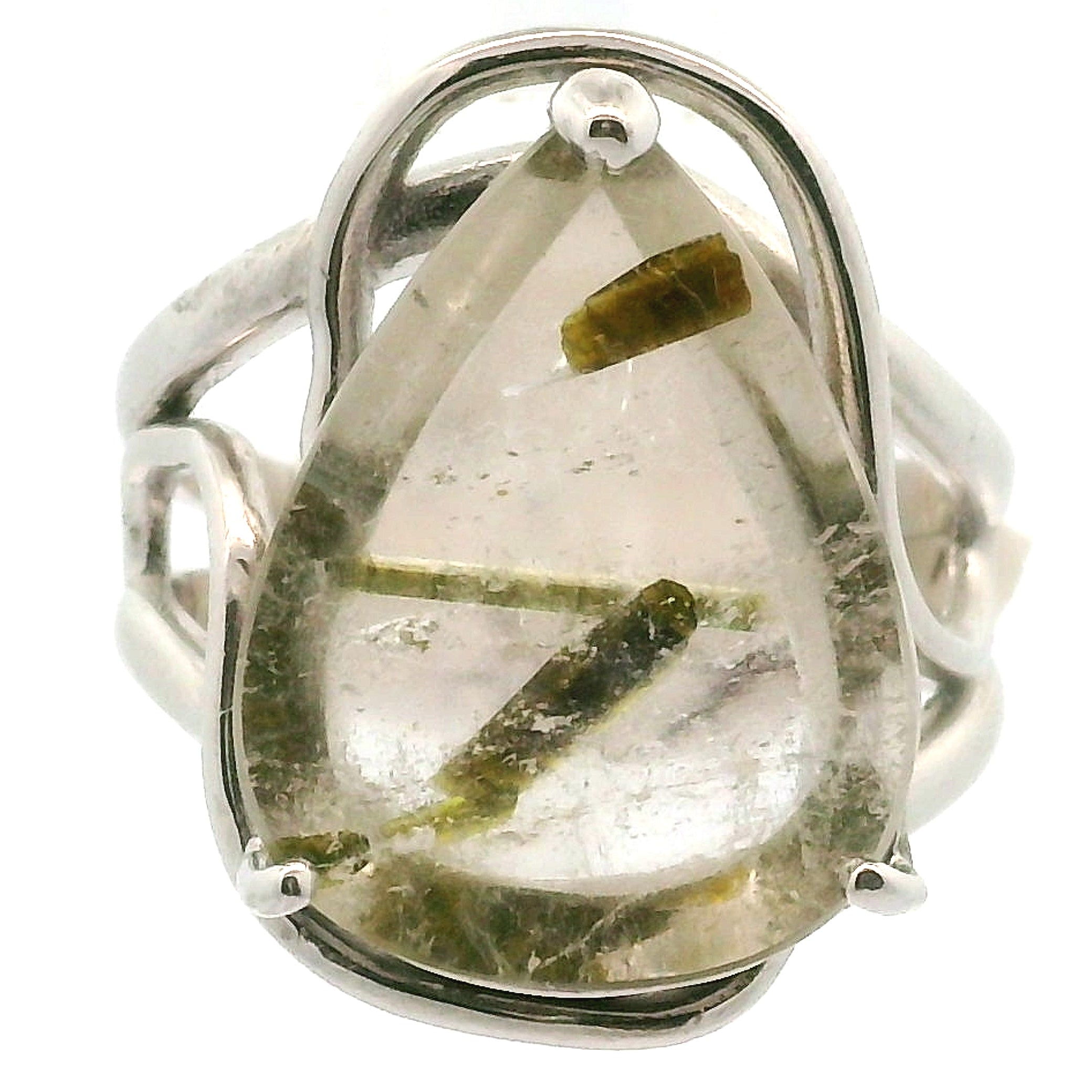 Epidote in Quartz .925 Silver Adjustable Ring Cuff for Abundance, New Relationships and a Positive Outlook