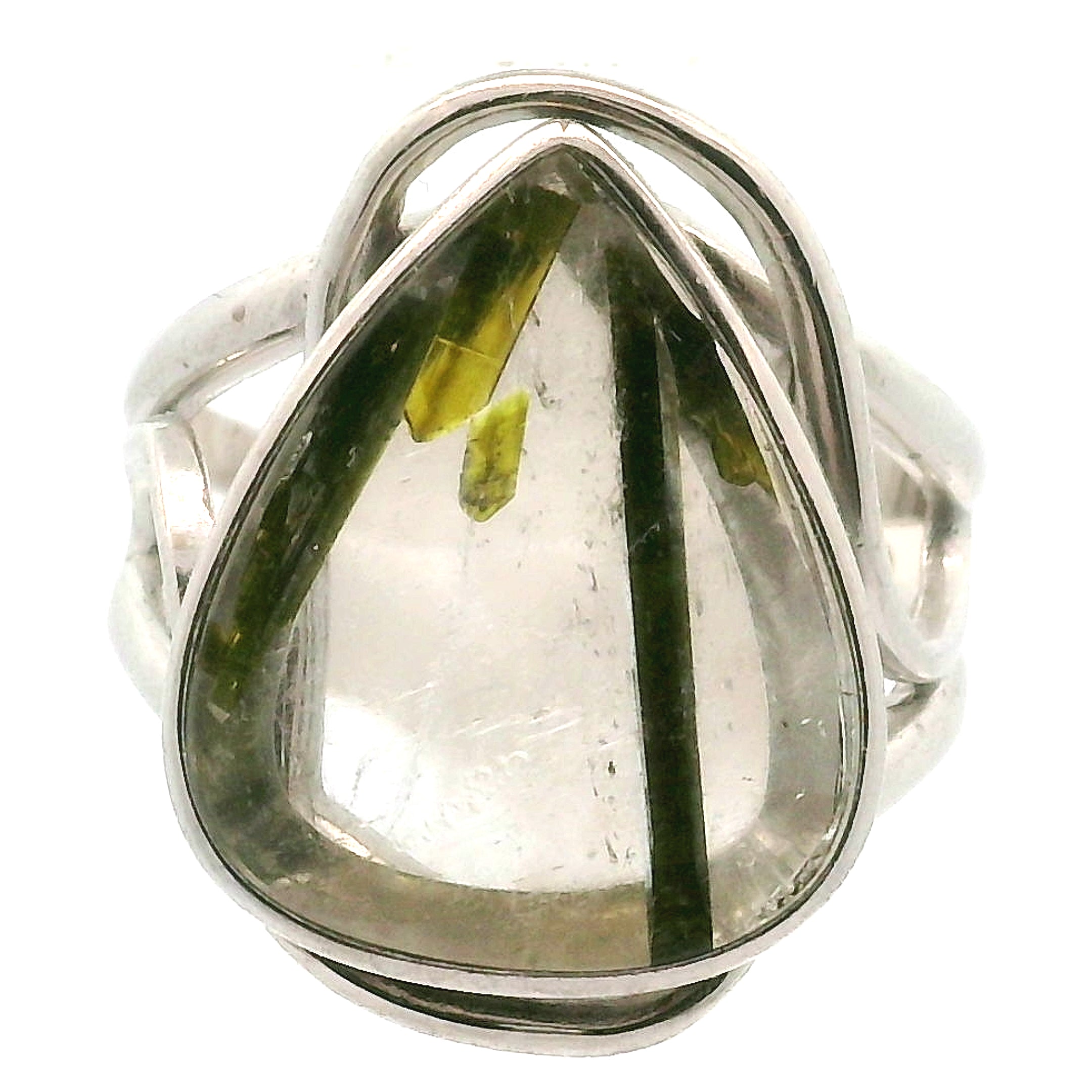 Epidote in Quartz .925 Silver Adjustable Ring Cuff for Abundance, New Relationships and a Positive Outlook