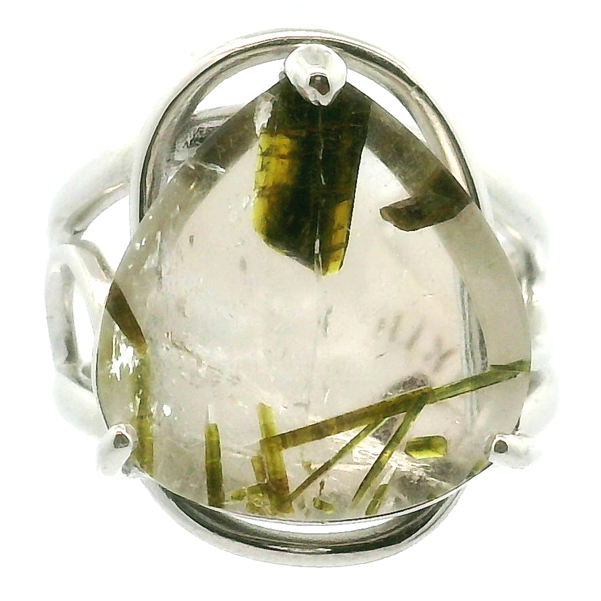 Epidote in Quartz .925 Silver Adjustable Ring Cuff for Abundance, New Relationships and a Positive Outlook