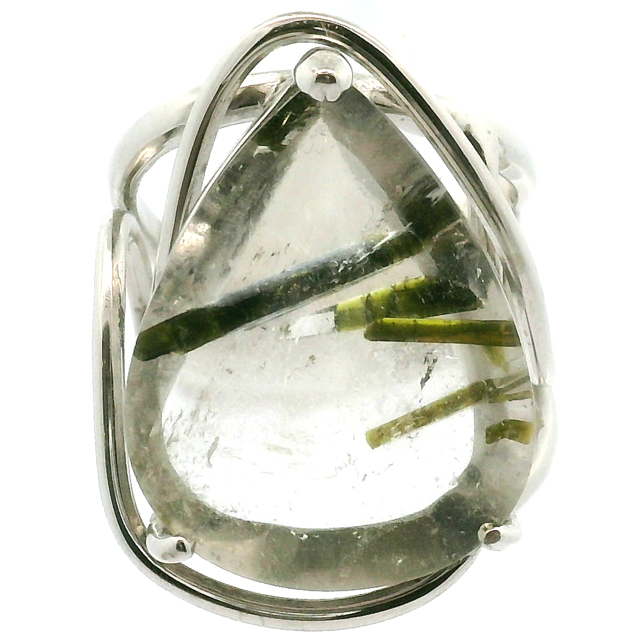 Epidote in Quartz .925 Silver Adjustable Ring Cuff for Abundance, New Relationships and a Positive Outlook