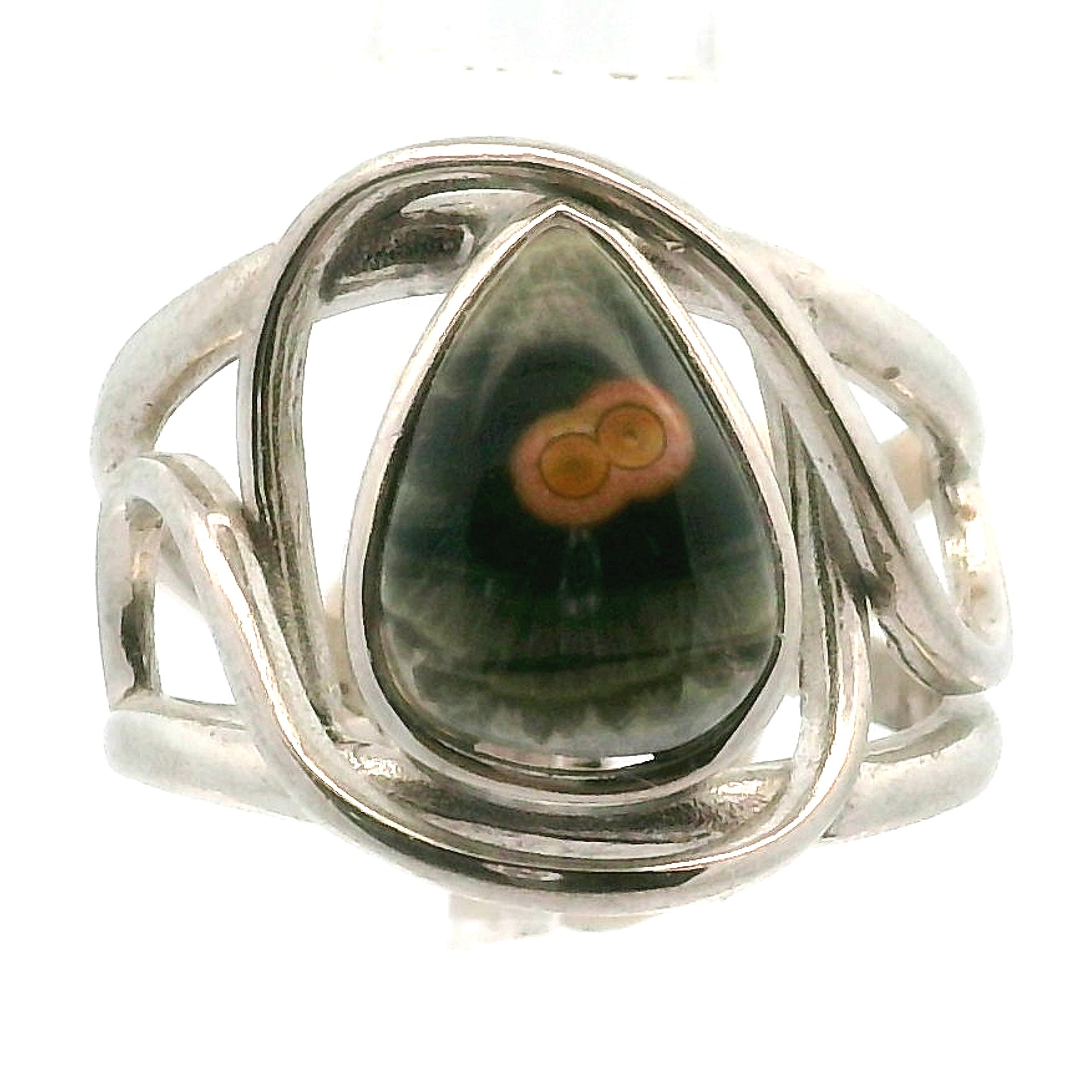 Orbicular "Ocean" Jasper Finger Cuff Adjustable Ring .925 Silver for Joy and Peace