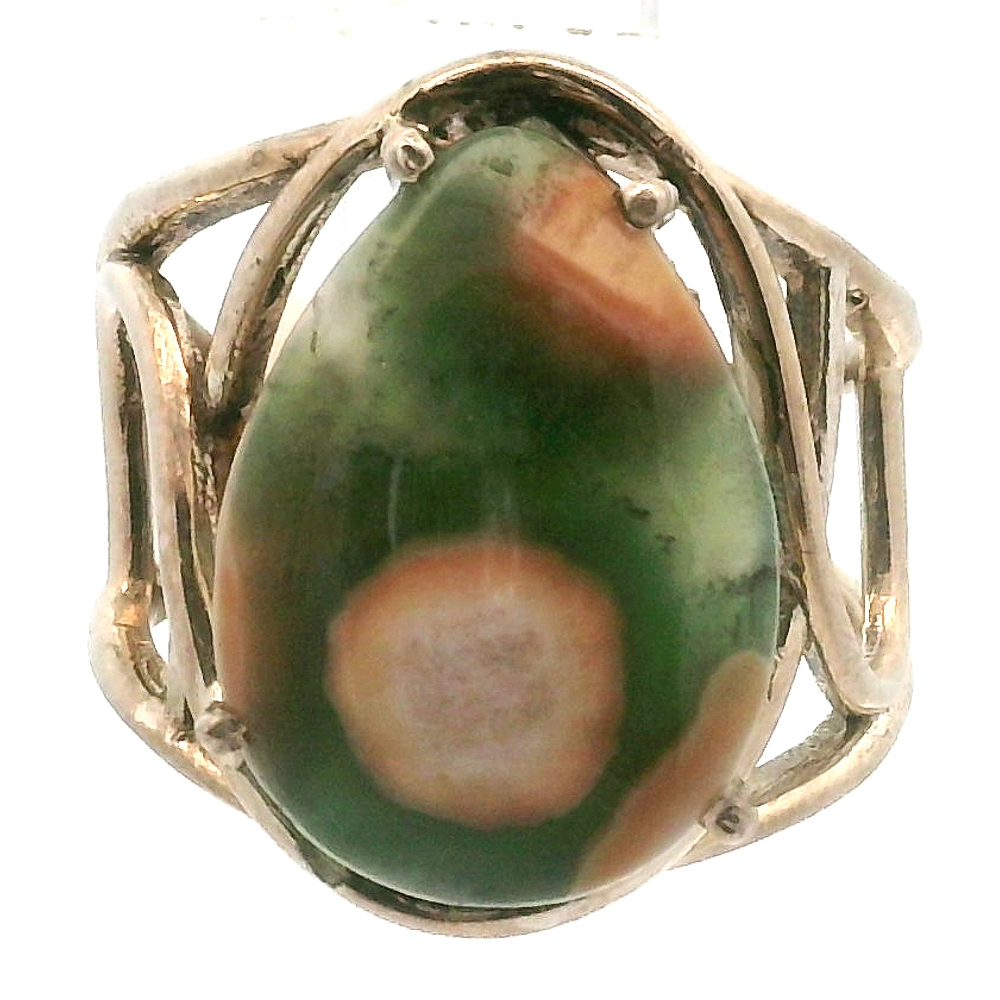 Orbicular "Ocean" Jasper Adjustable Ring Cuff .925 Silver for Joy and Peace
