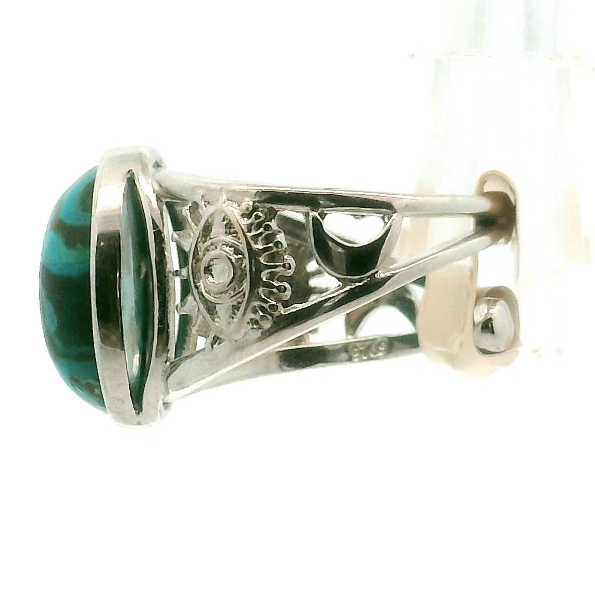 Shattuckite & Chrysocolla Evil Eye Cuff Ring, Adjustable Ring .925 Silver for Goddess Energy, Peaceful Communication and Truth