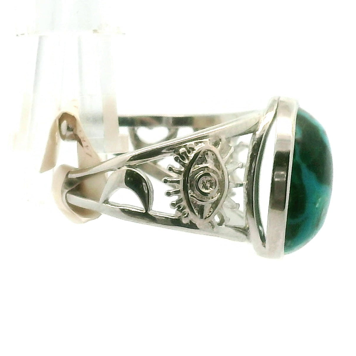Shattuckite & Chrysocolla Evil Eye Cuff Ring, Adjustable Ring .925 Silver for Goddess Energy, Peaceful Communication and Truth