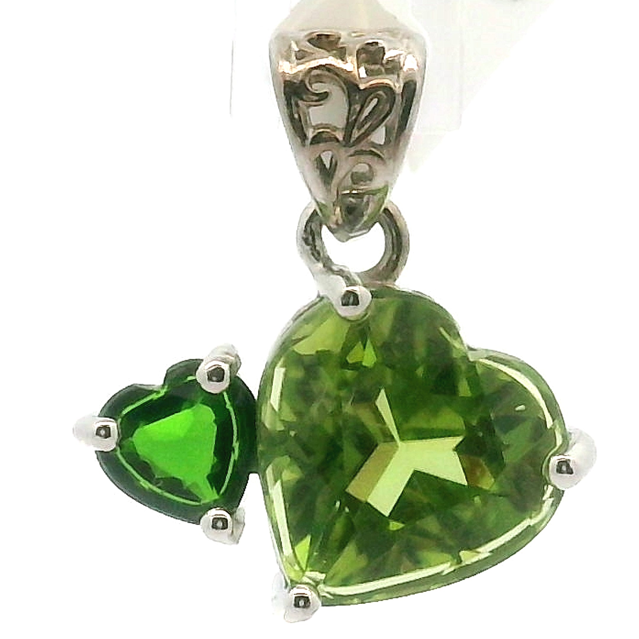 Peridot and Chrome Diopside Double Heart Pendant .925 Silver for Health, Balance and Strength