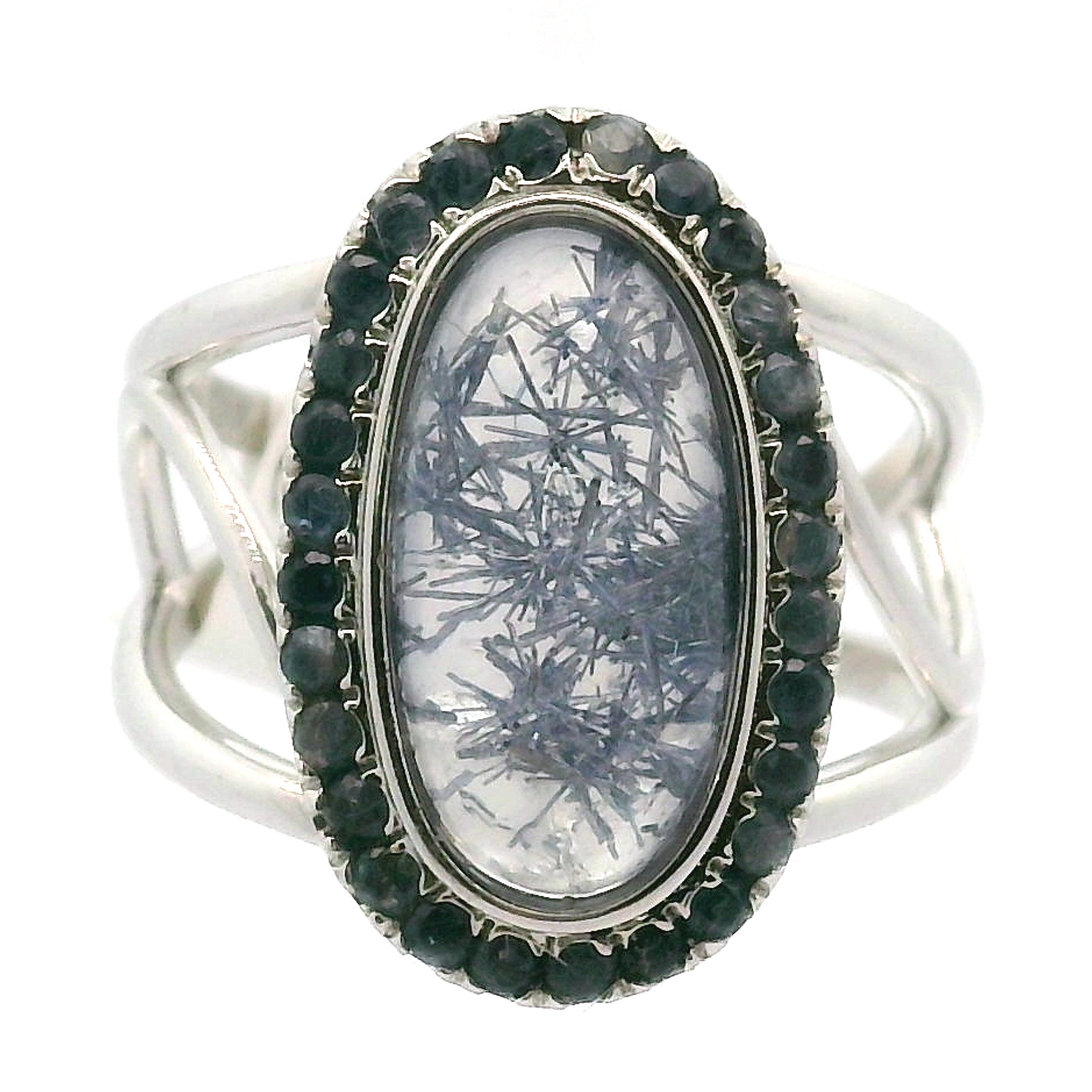 Dumortierite with Kyanite Pavé Cuff Ring .925 Silver for Harmony, Empathy and Insights