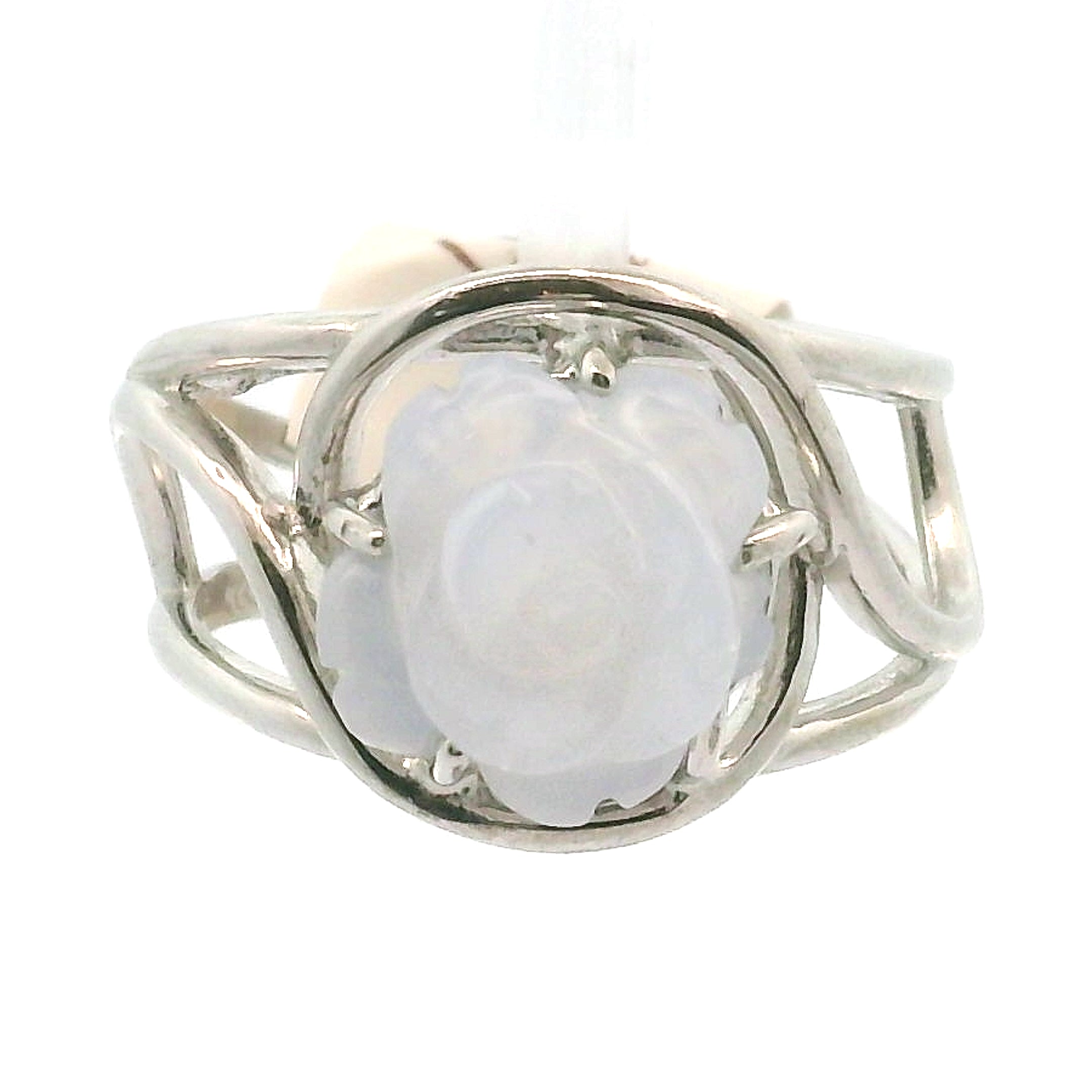 Blue Chalcedony Flower Cuff Ring .925 Silver for Soothing the Body, Mind and Spirit