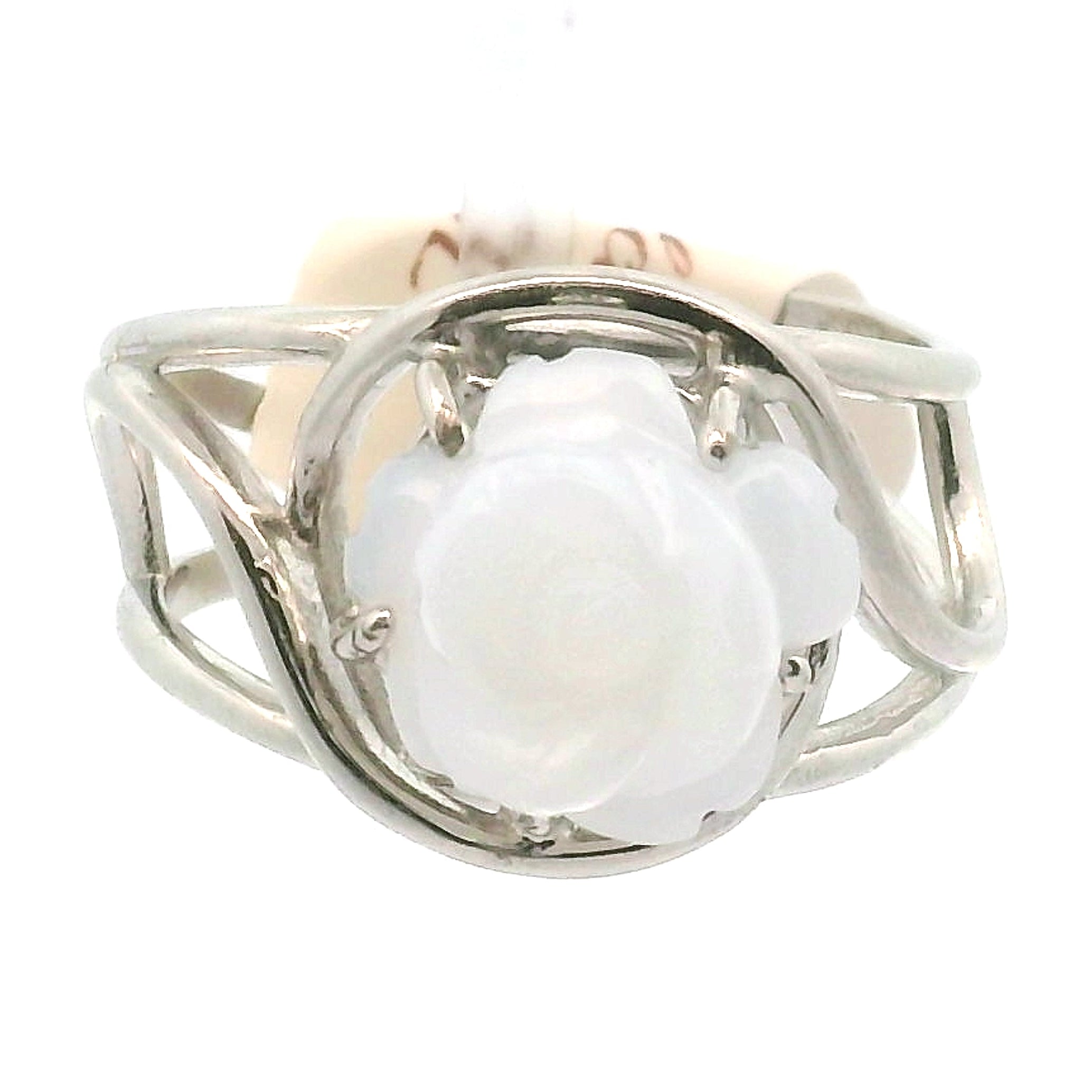 Blue Chalcedony Flower Cuff Ring .925 Silver for Soothing the Body, Mind and Spirit