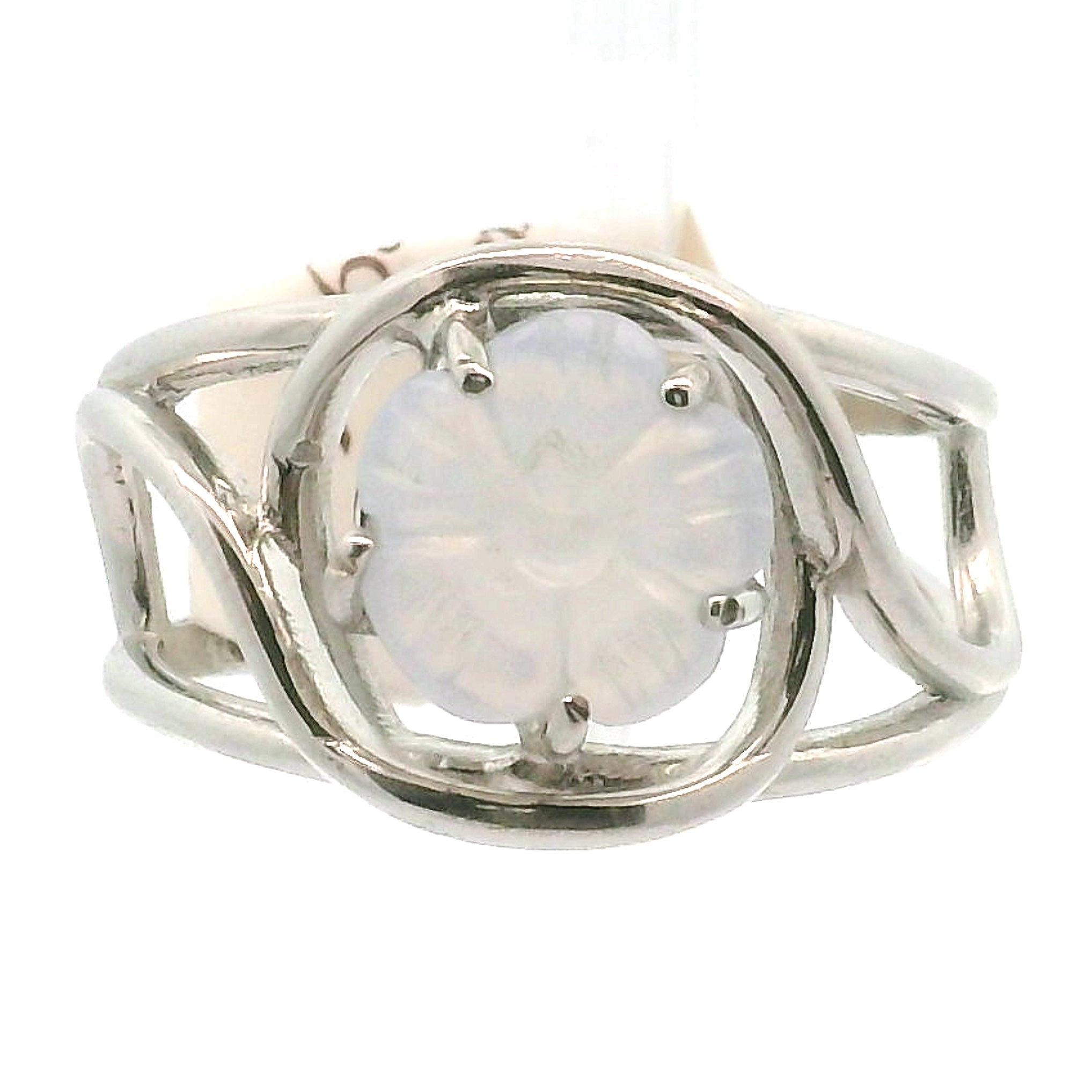 Blue Chalcedony Flower Cuff Ring .925 Silver for Soothing the Body, Mind and Spirit