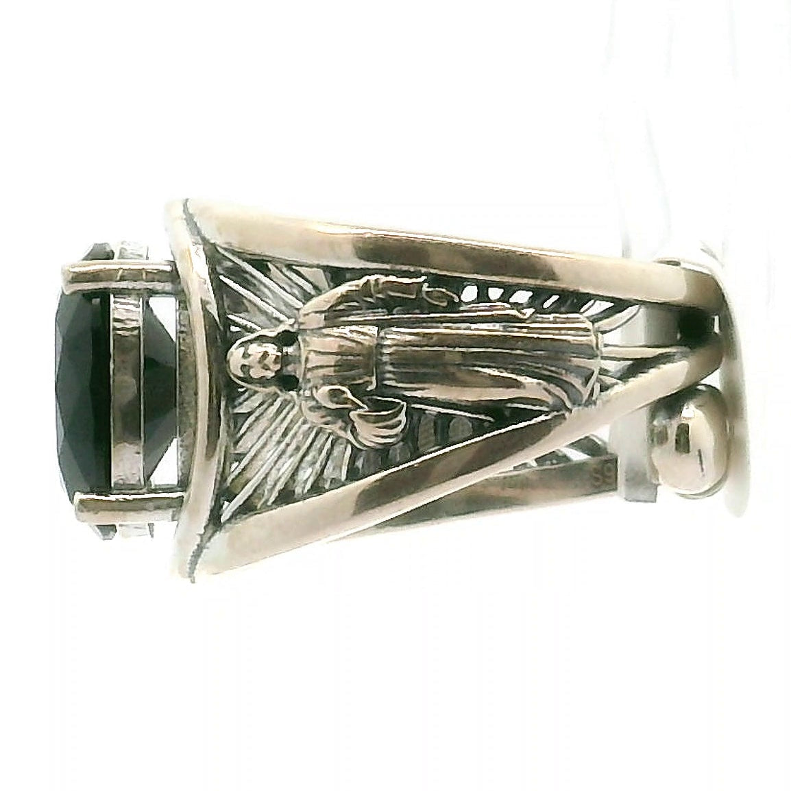 Black Spinel Jesus Cuff Ring .925 Silver for Empowerment, Grounding and Protection