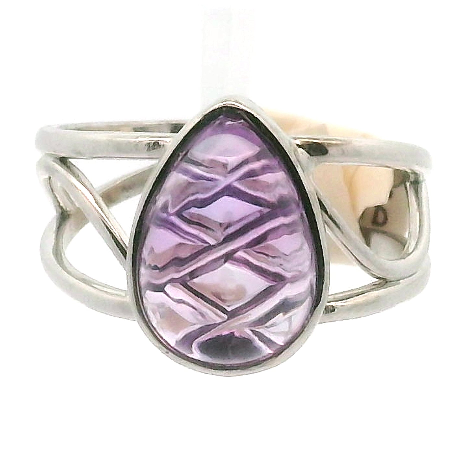 Carved Amethyst Cuff Ring .925 Silver for Enhancing Intuition & Connection with Divine