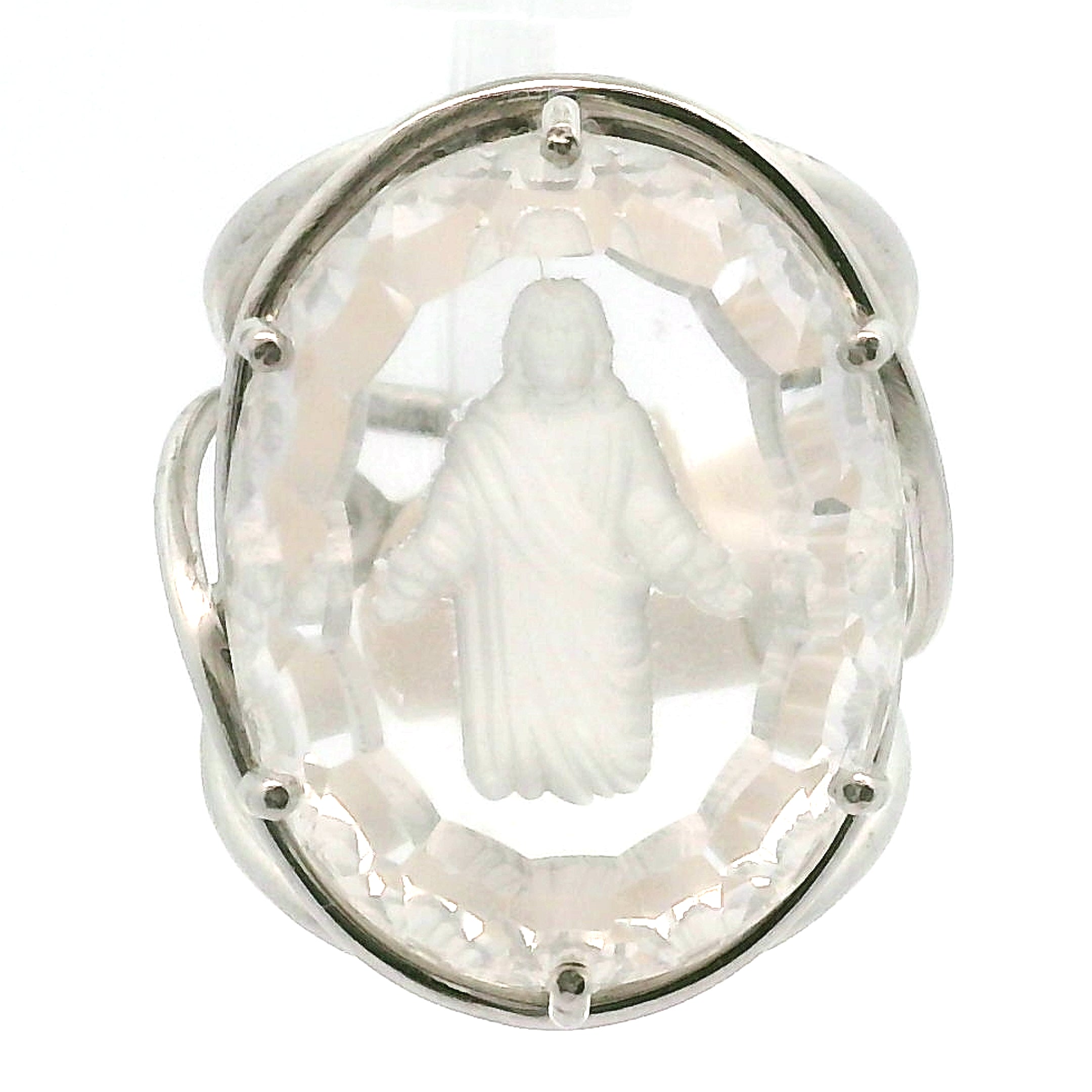 Clear Quartz with Engraved Jesus Cuff Ring .925 Silver for Protection and Manifestation