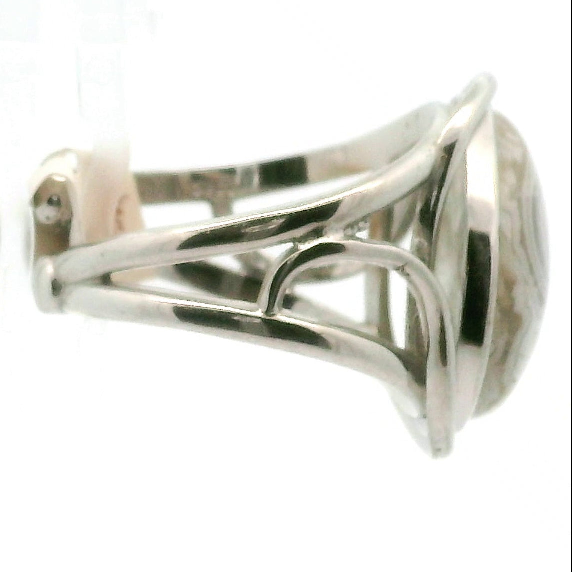 Grey Crazy Lace Agate Cuff Ring in .925 Silver for Promoting Creativity, Hope, New Ideas & Positivity