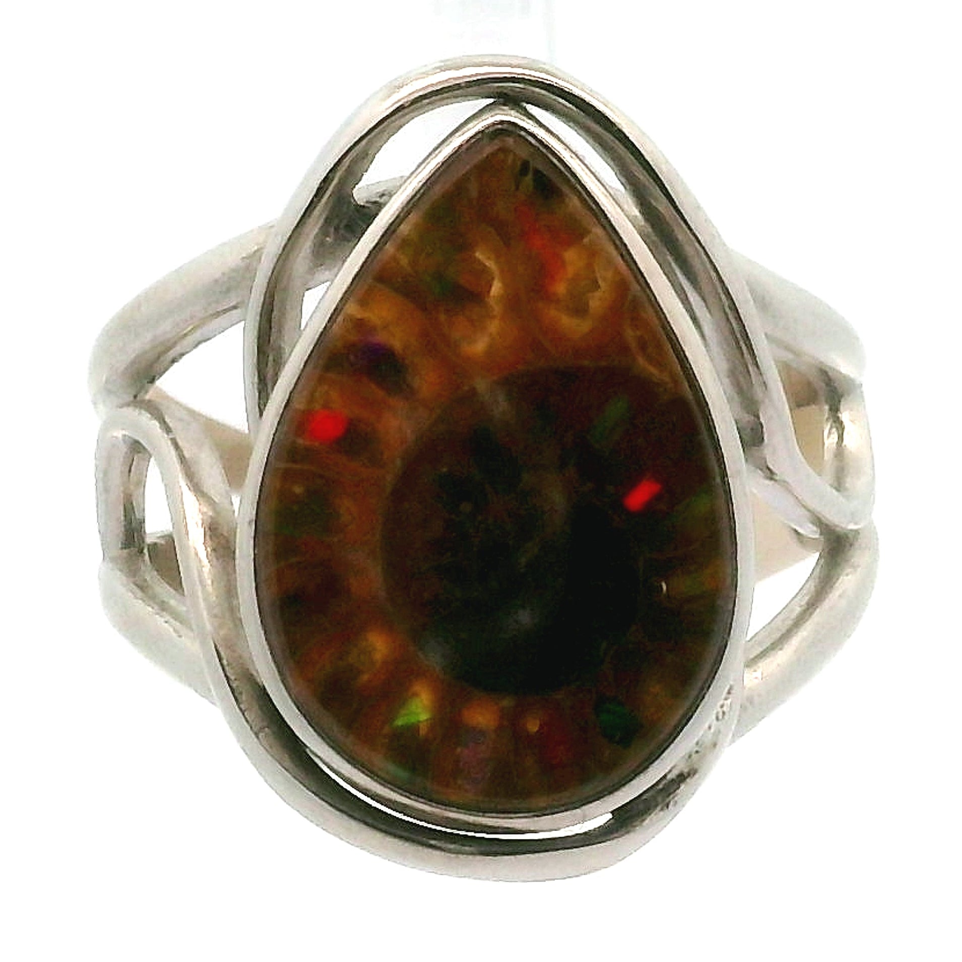Ammonite with Ammolite Inlay Cuff Ring .925 Silver for Good Luck, Prosperity and Protection
