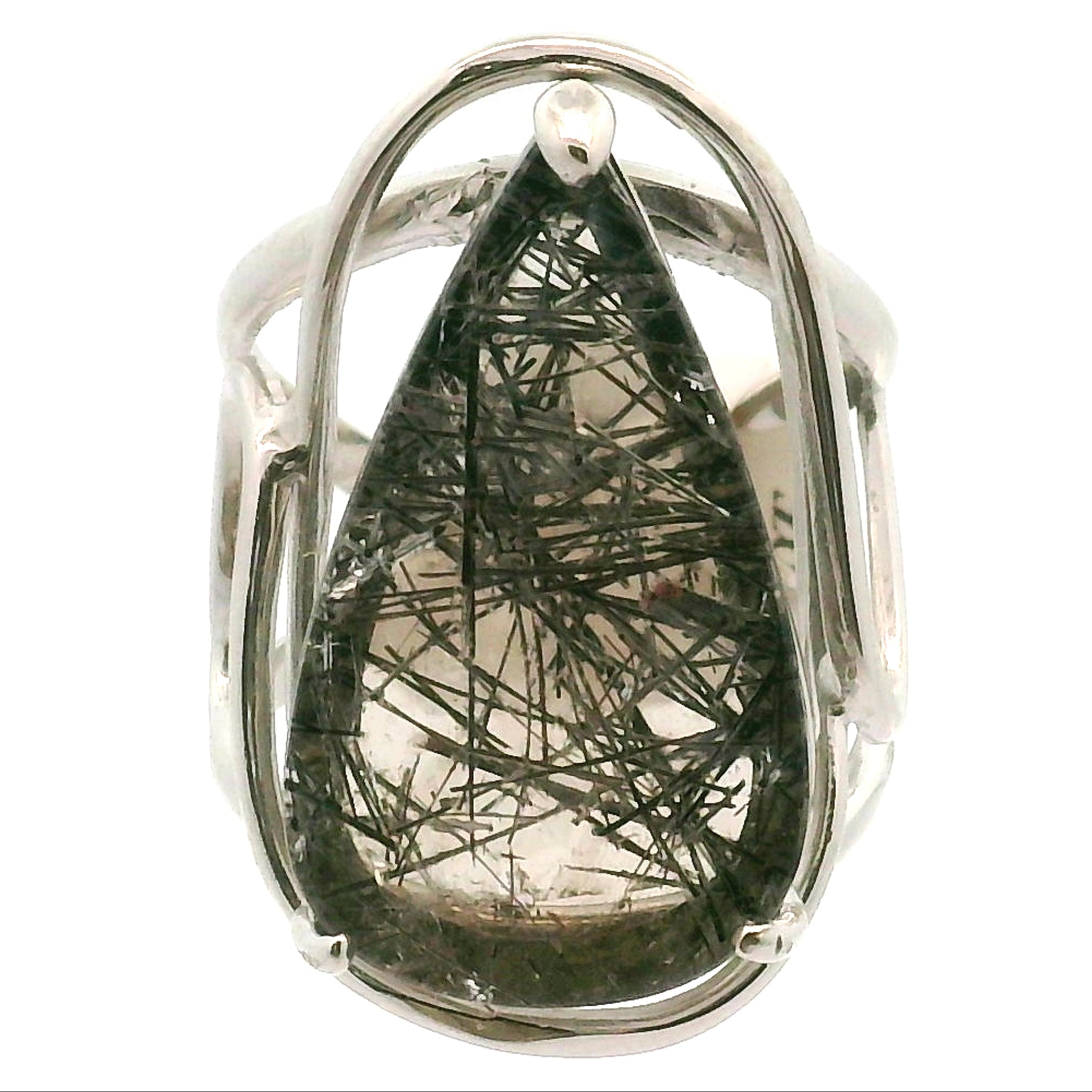 Black Tourmaline in Quartz Cuff Ring .925 Sterling Silver for Powerful Protection and Aura Cleansing