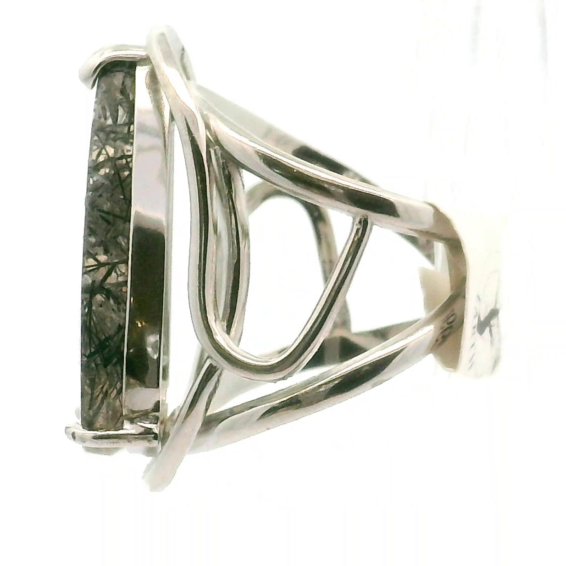 Black Tourmaline in Quartz Cuff Ring .925 Sterling Silver for Powerful Protection and Aura Cleansing