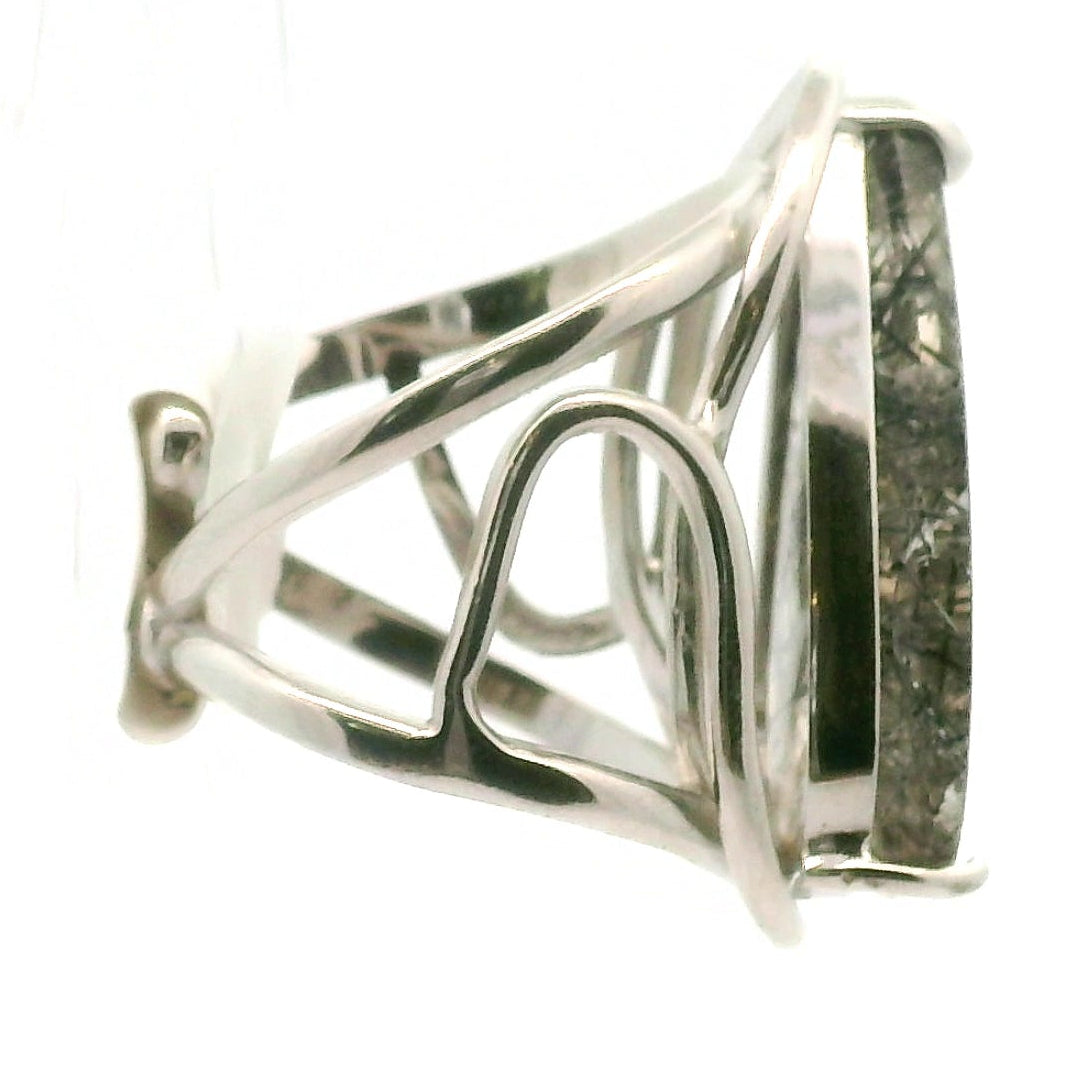 Black Tourmaline in Quartz Cuff Ring .925 Sterling Silver for Powerful Protection and Aura Cleansing