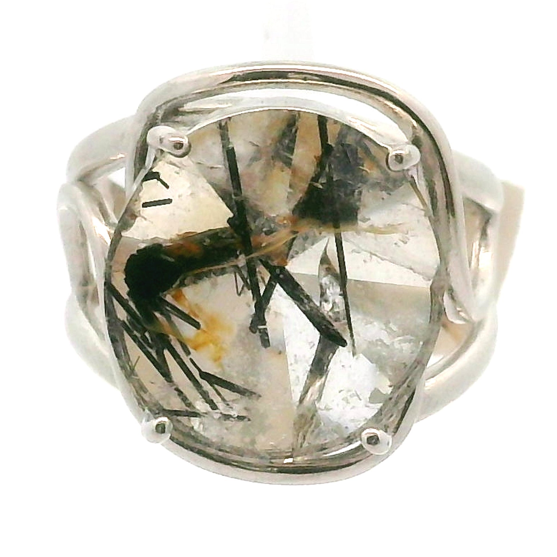 Black Tourmaline in Quartz Cuff Ring .925 Sterling Silver for Powerful Protection and Aura Cleansing