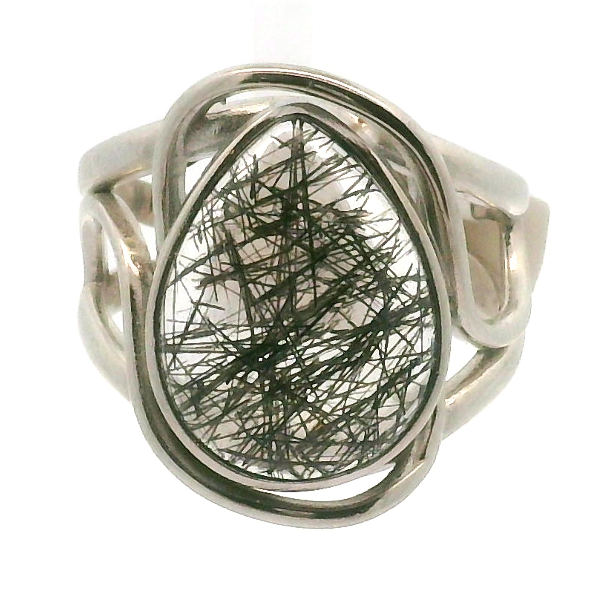 Black Tourmaline in Quartz Cuff Ring .925 Sterling Silver for Powerful Protection and Aura Cleansing