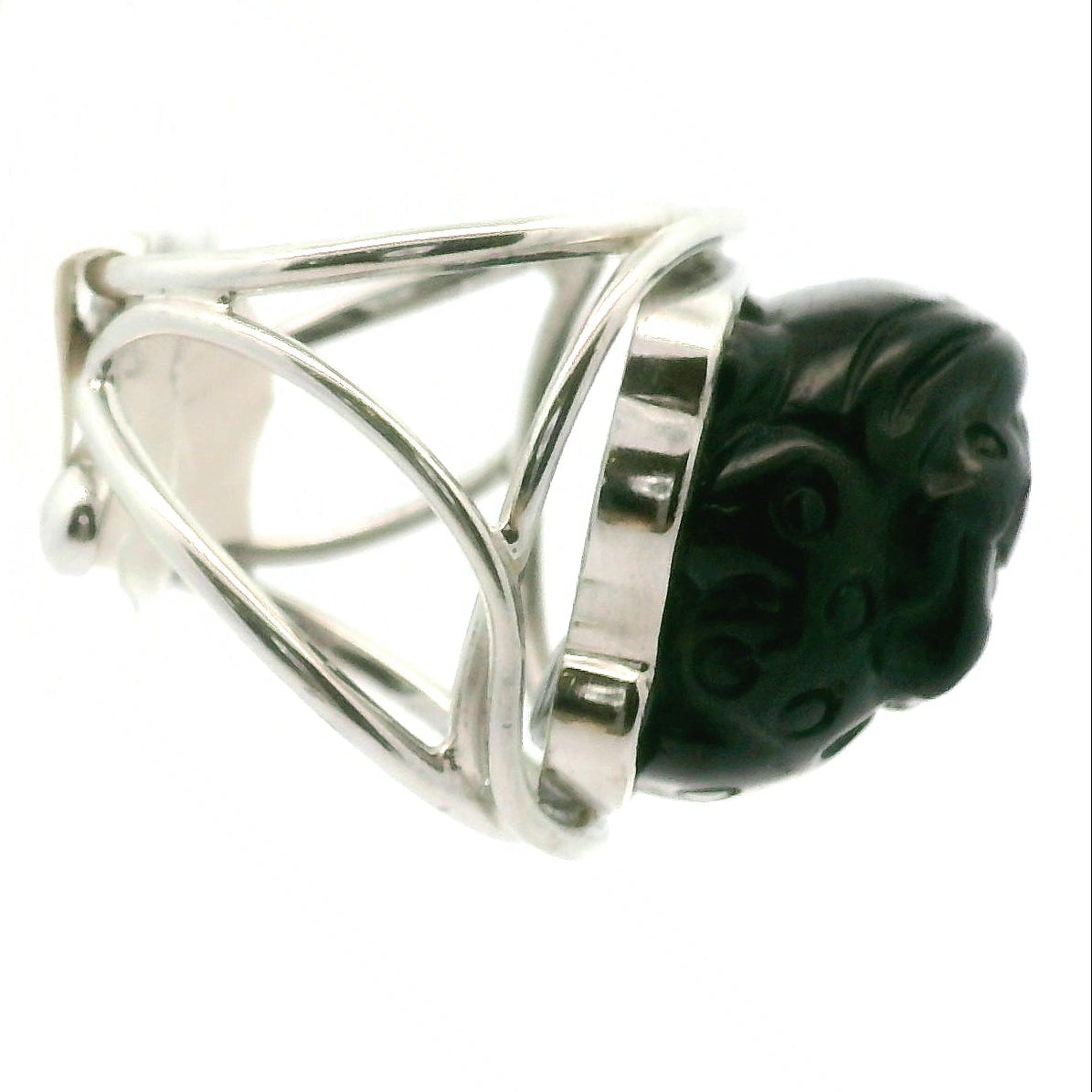 Hypersthene Money Toad Cuff Ring .925 Silver for Calm, Magic and Improved Manifestation